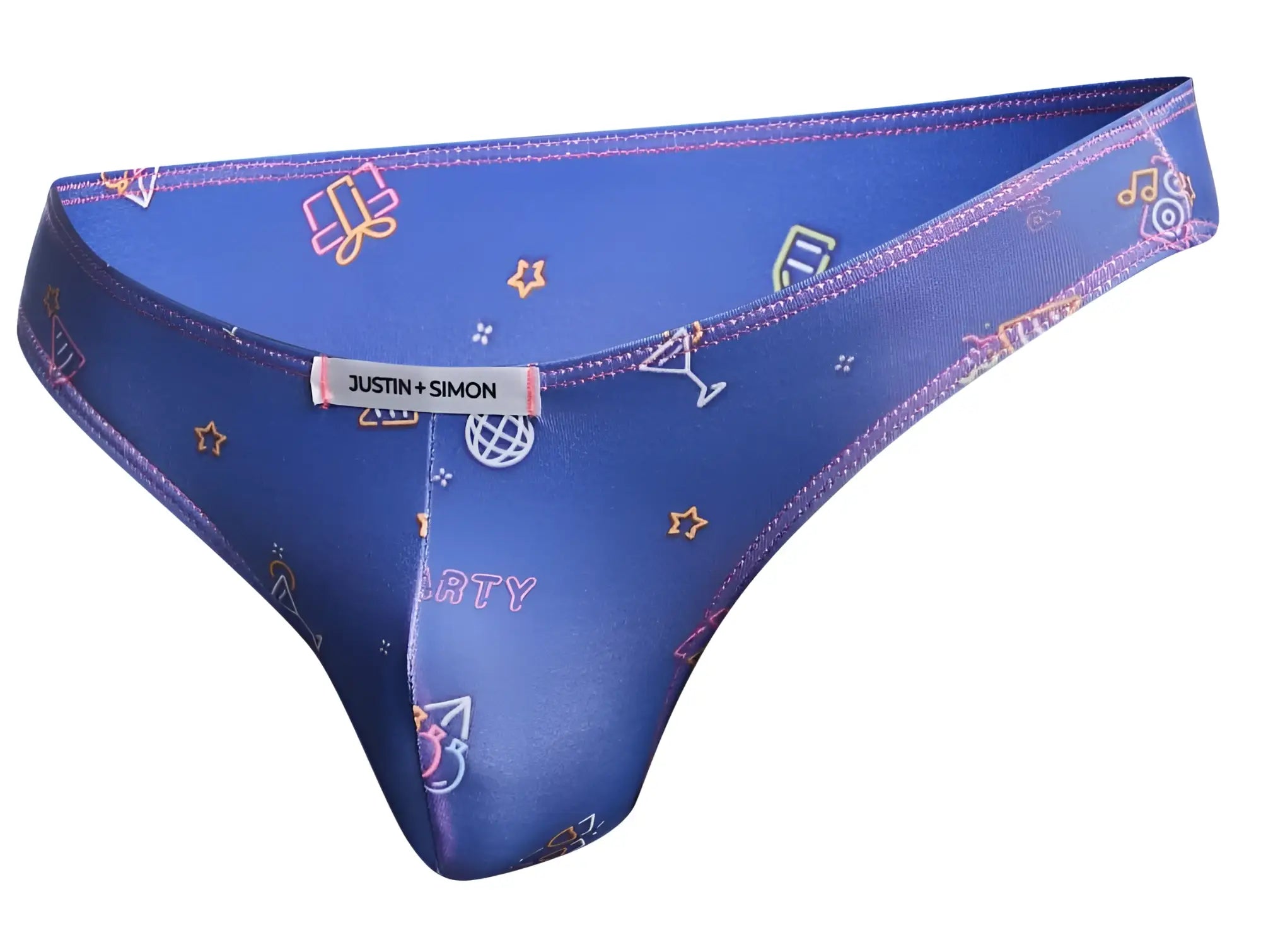 Blue justin simon thong bikini with shiny party-themed neon martini glasses and stars pattern for festive wear