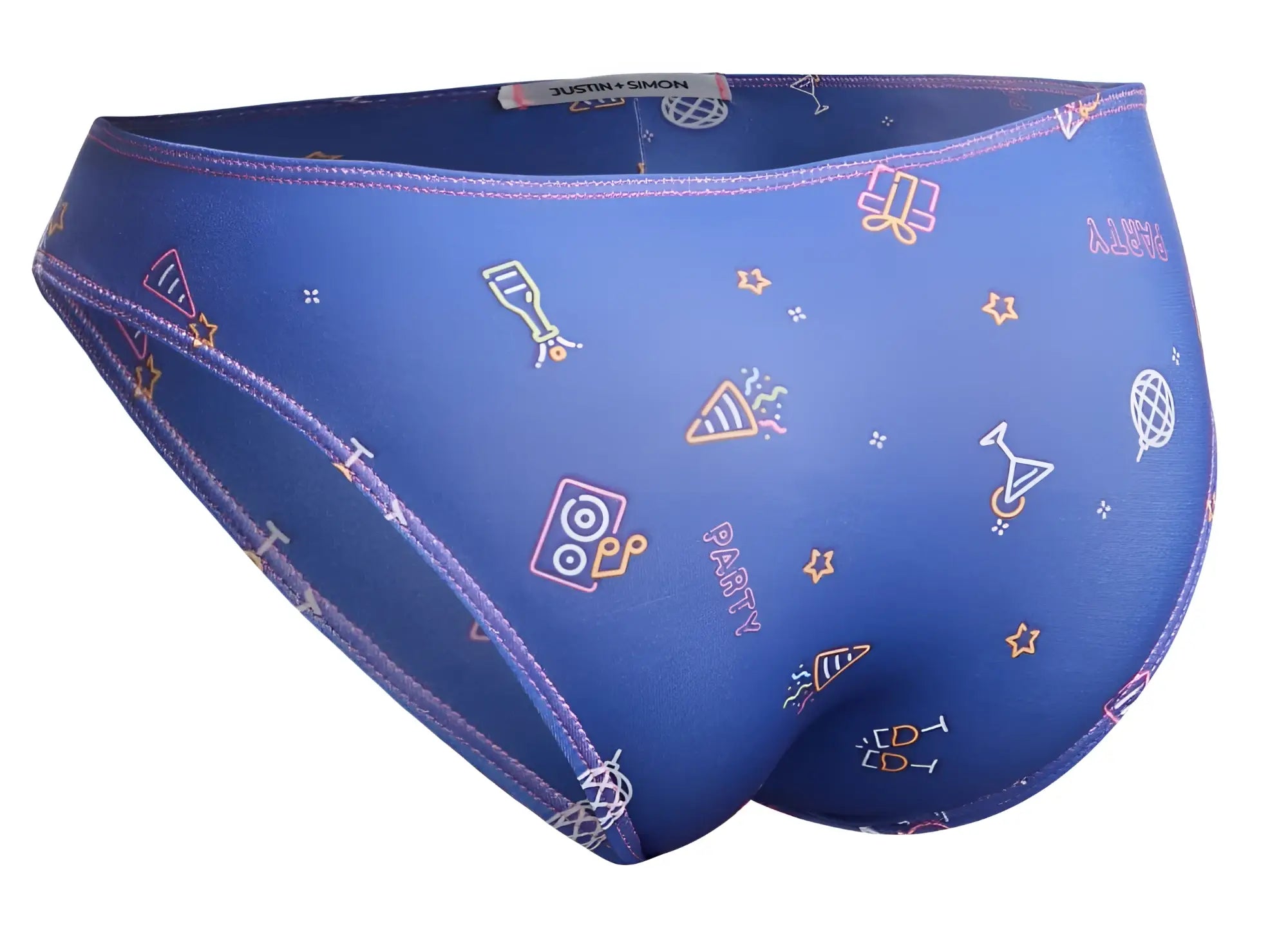 Blue mens swim trunks justin simon xsj01 classic bikini color party with neon party-themed print and vibrant icons