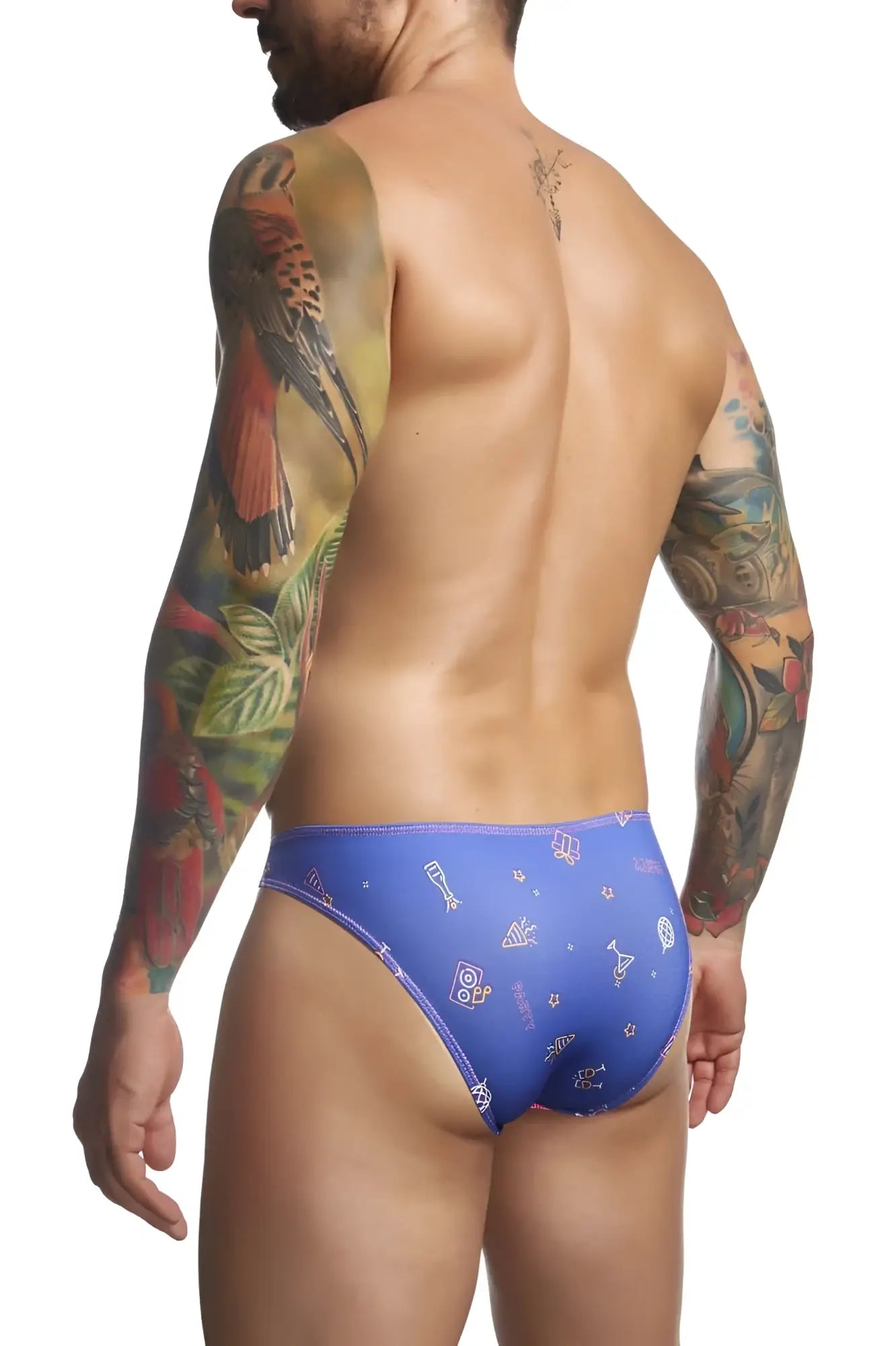 Justin+Simon xsj01 classic bikini color party blue swim trunks with playful white and yellow icon pattern