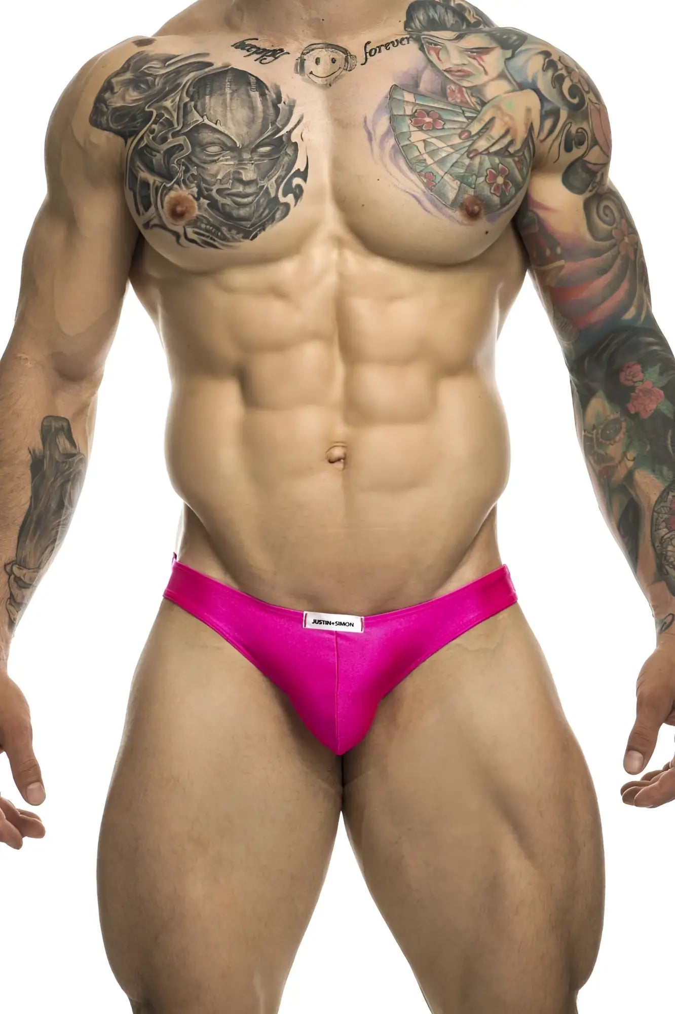 Bright pink justin simon xsj01 classic bikini briefs with white brand label designed for athletic wear