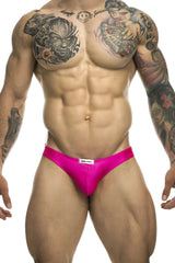 Bright pink justin simon xsj01 classic bikini briefs with white brand label designed for athletic wear