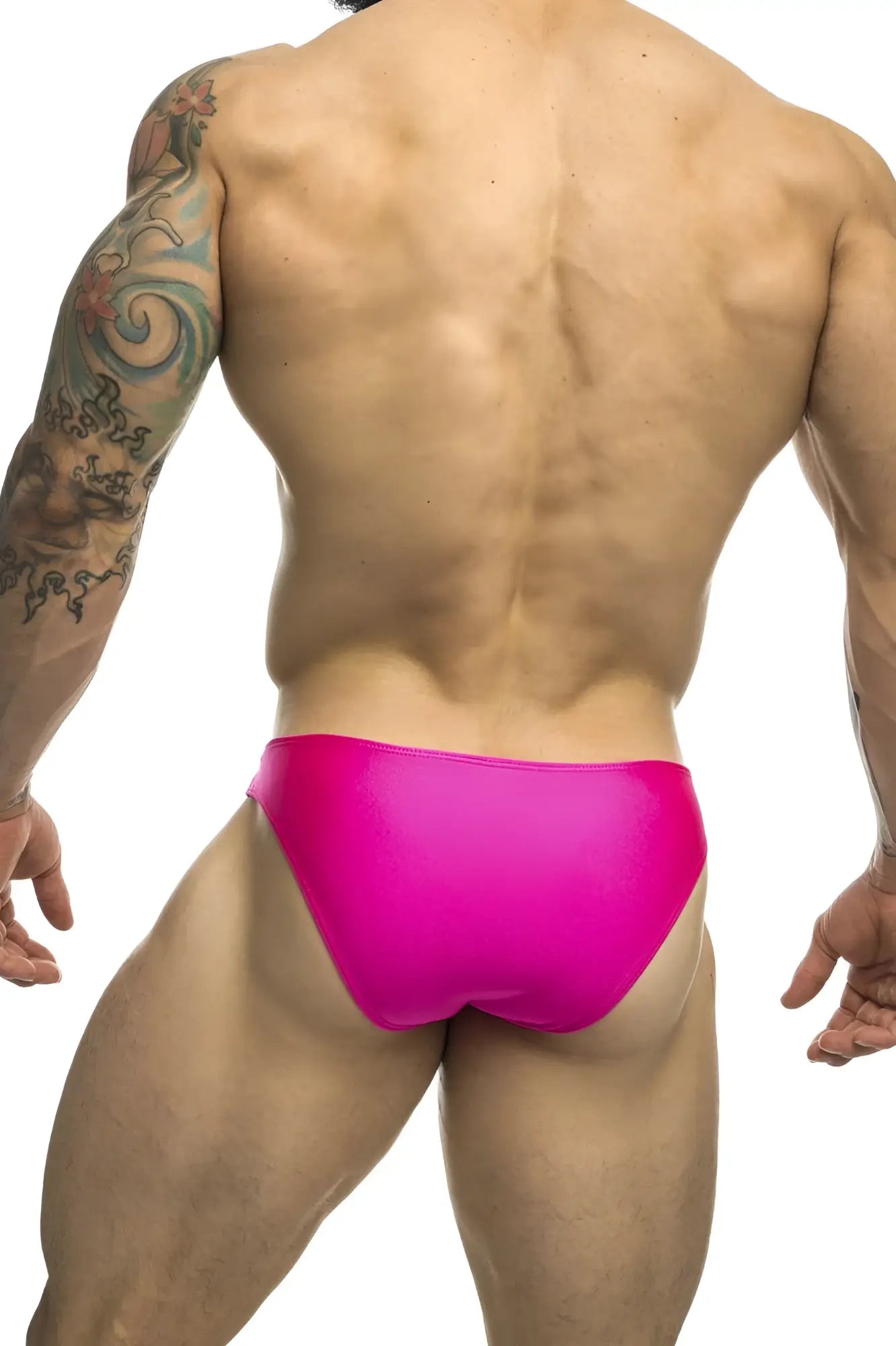 Justin+Simon XSJ01 classic bikini swim trunks in bright pink shiny fabric for stylish beachwear