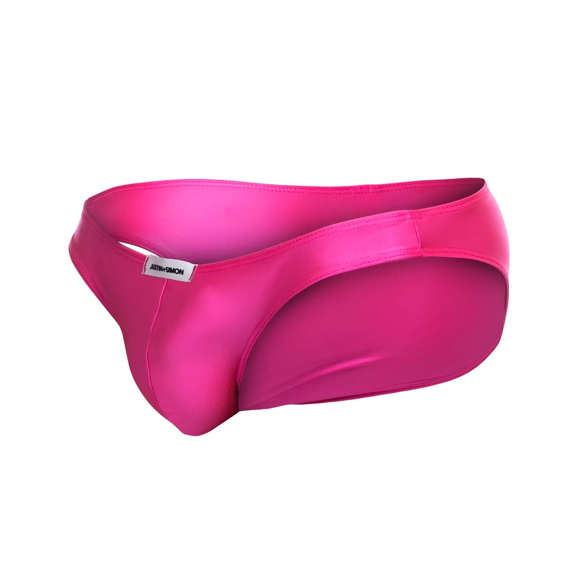Vibrant fuchsia satin briefs justin simon xsj01 classic bikini with sleek form-fitting design and subtle brand tag