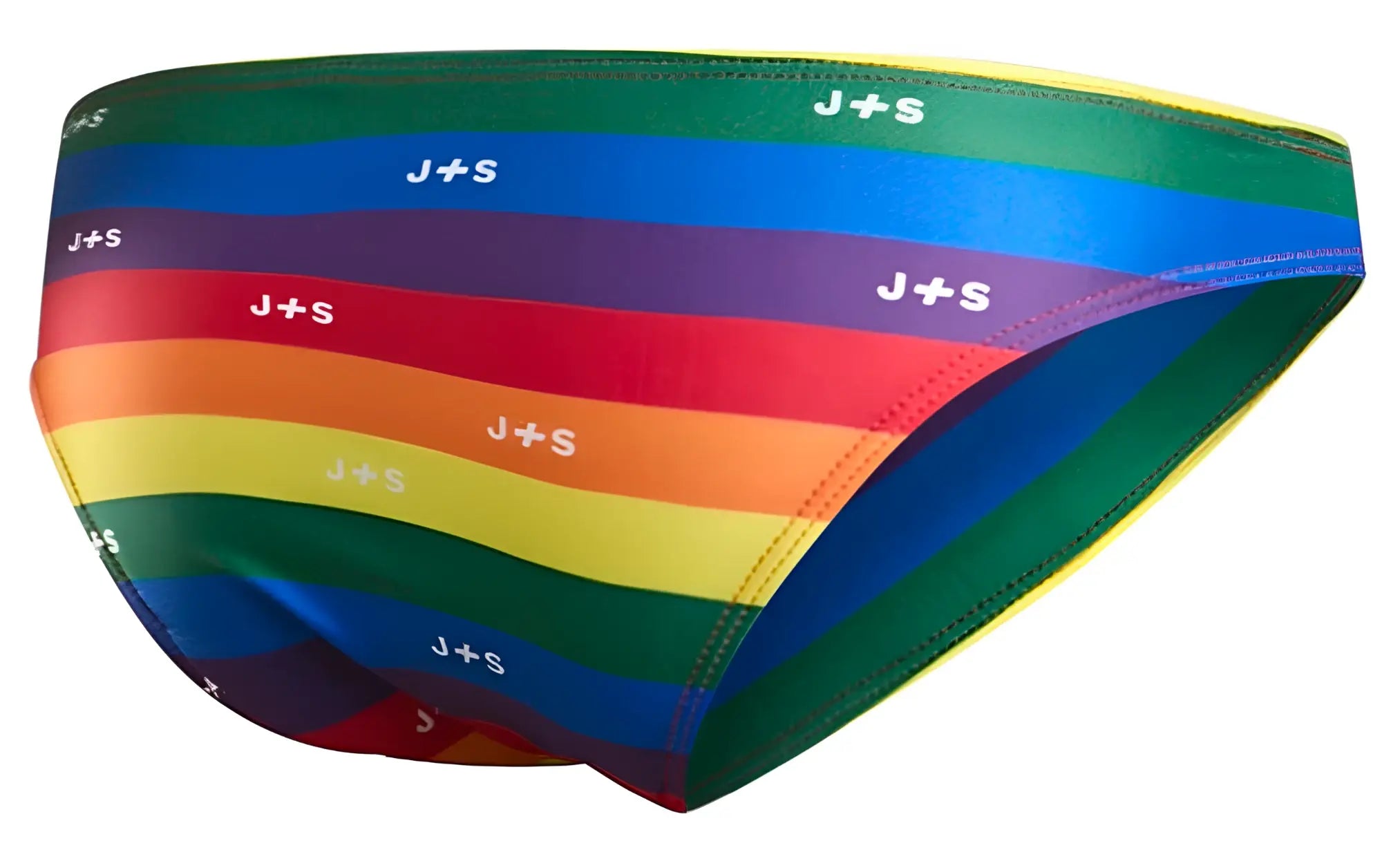 Rainbow-striped j+s men’s briefs with white logos on each color band from justin simon xsj01 classic bikini pride flag collection