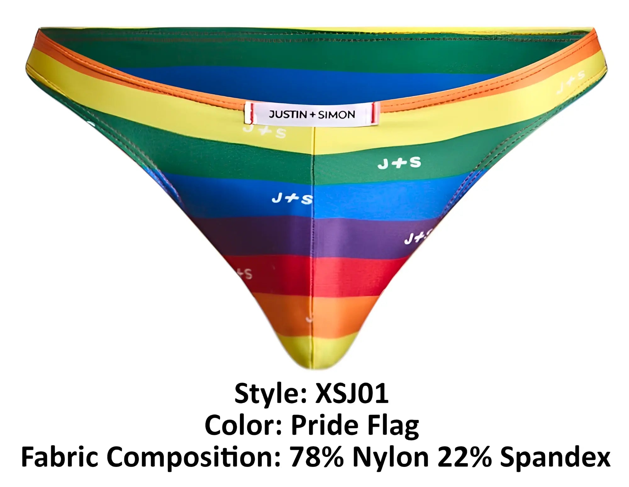 Rainbow-striped men’s briefs in pride flag colors with justin + simon label and j+s logo printed on fabric