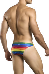 Justin simon xsj01 classic bikini men’s briefs with rainbow stripes and repeating jps logo pattern