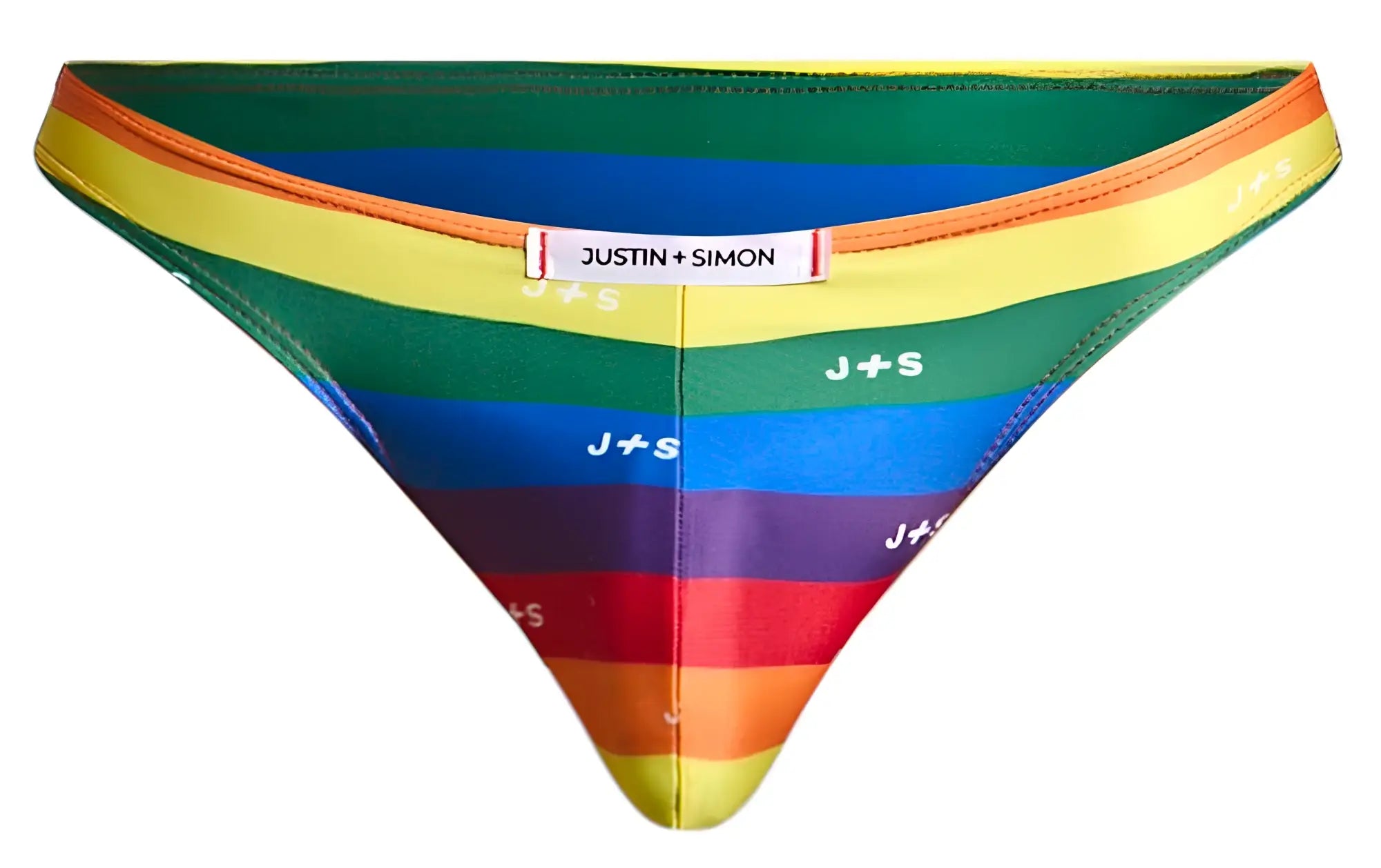 Rainbow-striped men’s briefs by justin + simon with j+s branding classic bikini style pride flag colors