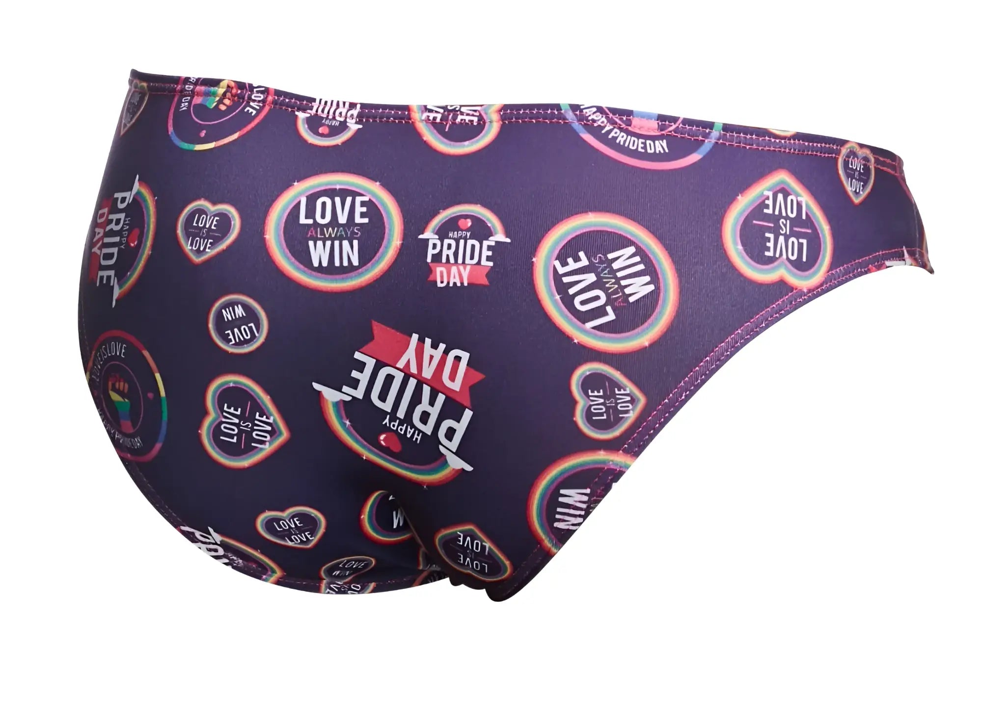 Purple justin simon xsj01 classic bikini swim trunks with vibrant rainbow pride day graphic pattern