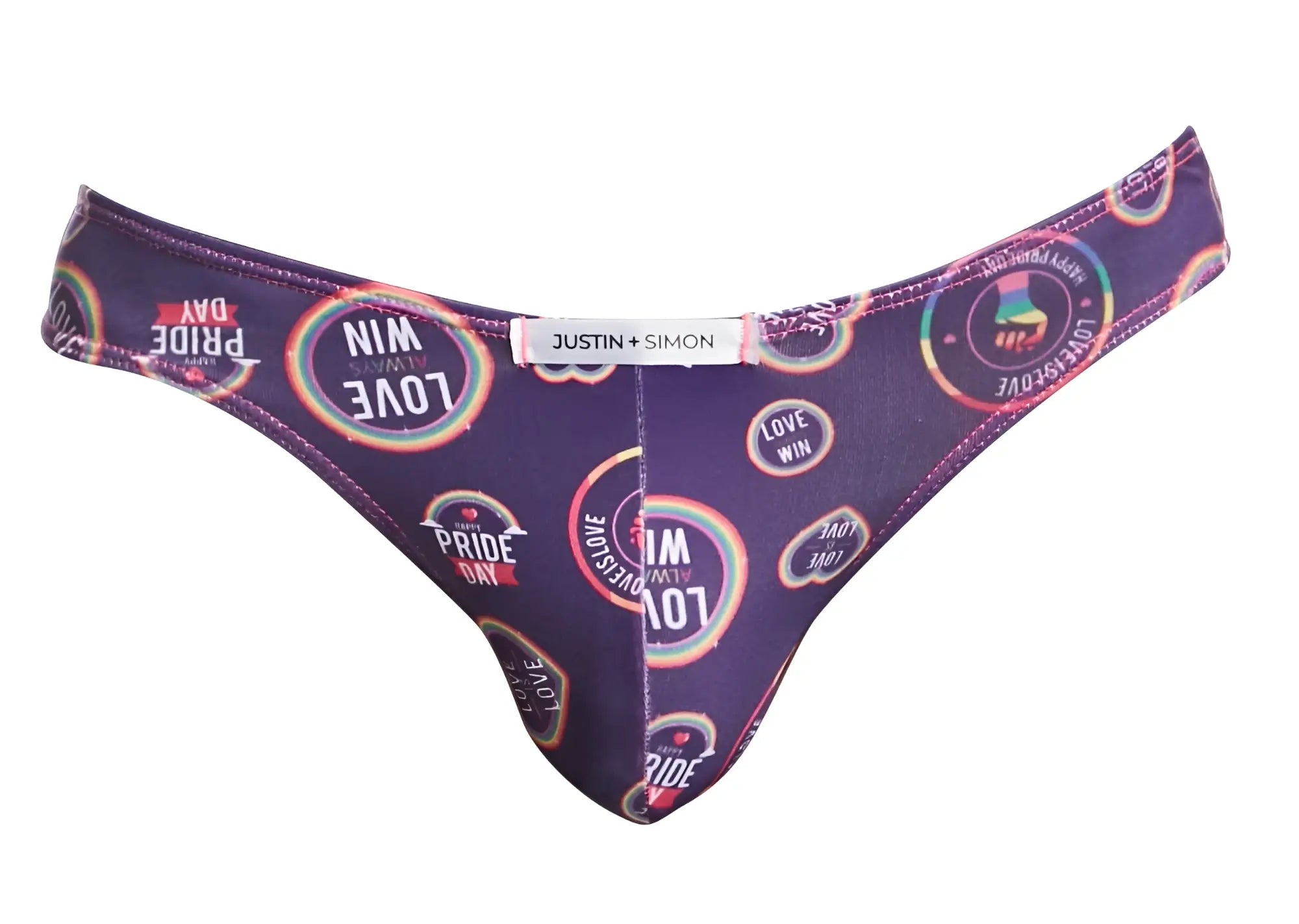 Purple justin simon thong with vibrant rainbow pride day graphic print for pride events and everyday wear