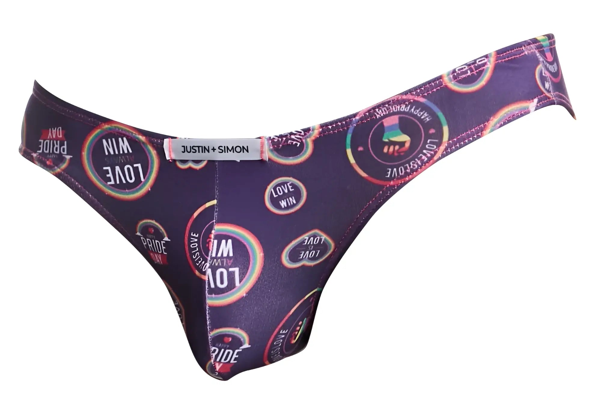 Purple thong with rainbow circular pride pattern and love win phrases branded by justin + simon classic bikini pride