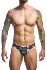 Black men’s briefs justin simon xsj01 classic bikini with vibrant cosmic pattern featuring colorful skulls planets and smiley faces
