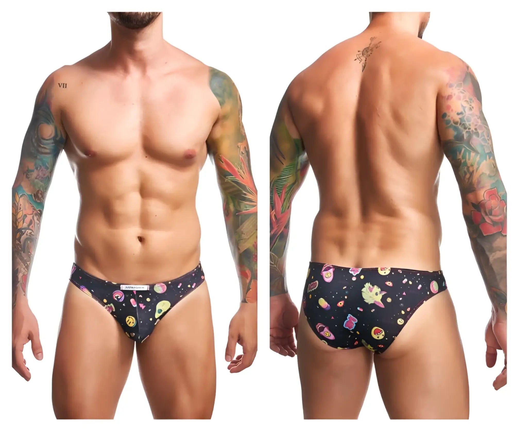 Black men’s briefs justin simon xsj01 classic bikini with vibrant psychedelic space pattern featuring colorful aliens and planets