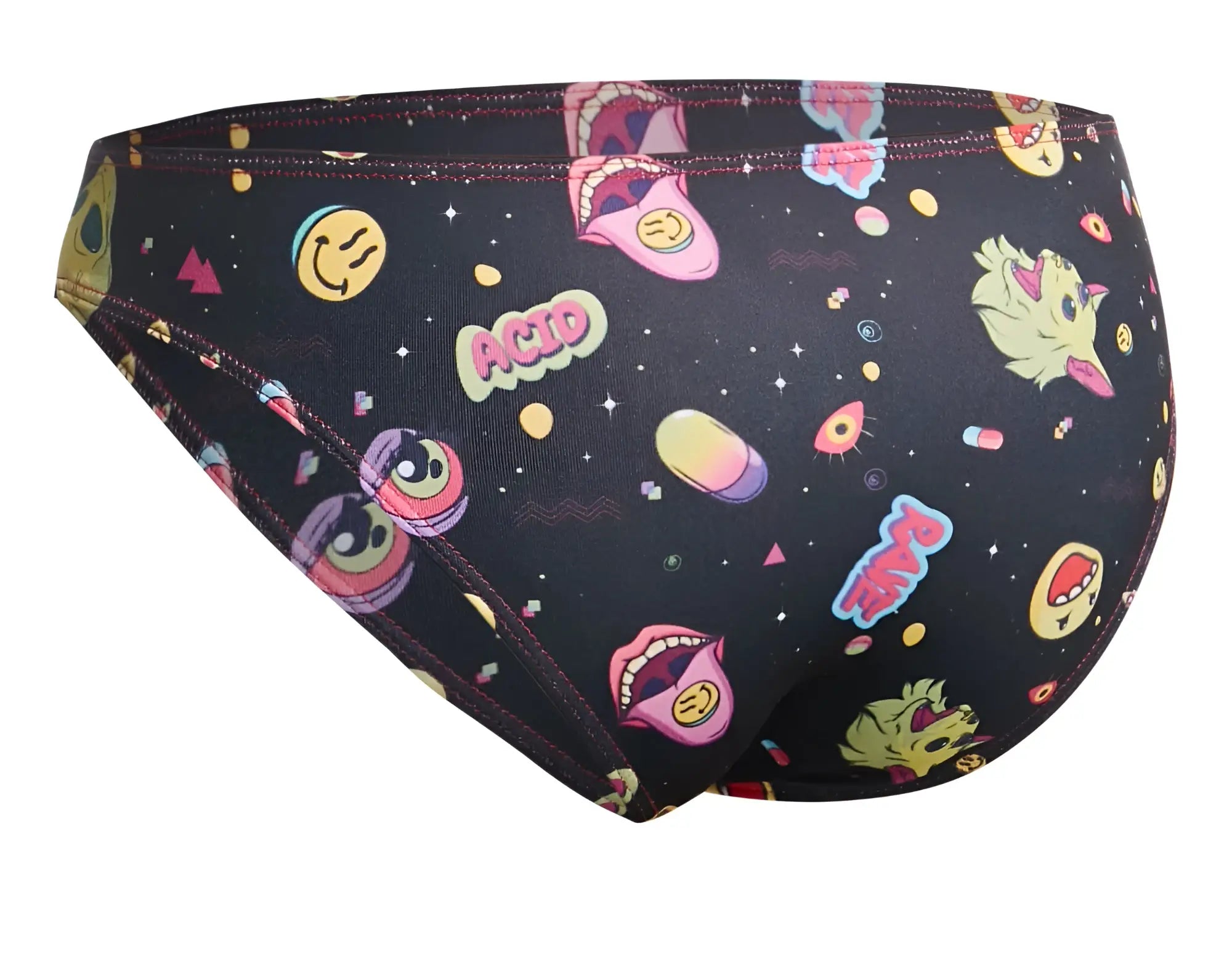 Black swim trunks by justin simon featuring vibrant psychedelic patterns with smiling faces and acid text