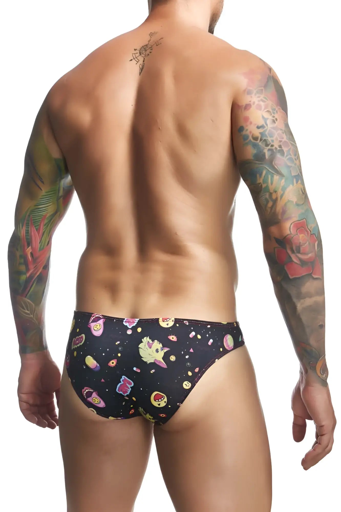 Black justin+simon xsj01 classic bikini swim trunks with vibrant colorful cartoon space-themed pattern