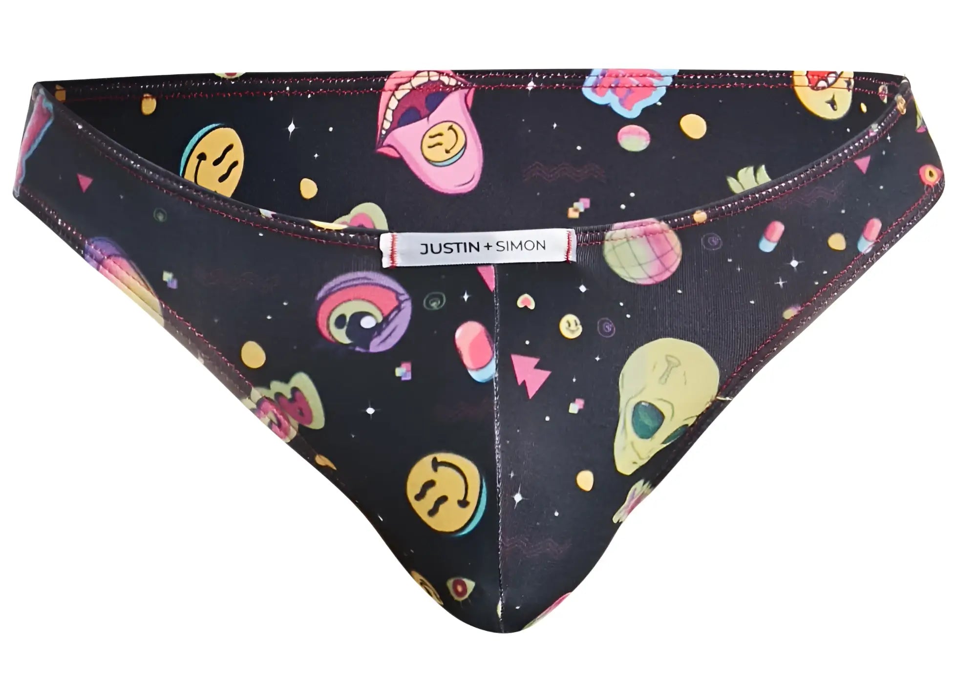 Justin+Simon XSJ01 classic bikini bottom in black with a vibrant retro space-themed pattern of planets and skulls