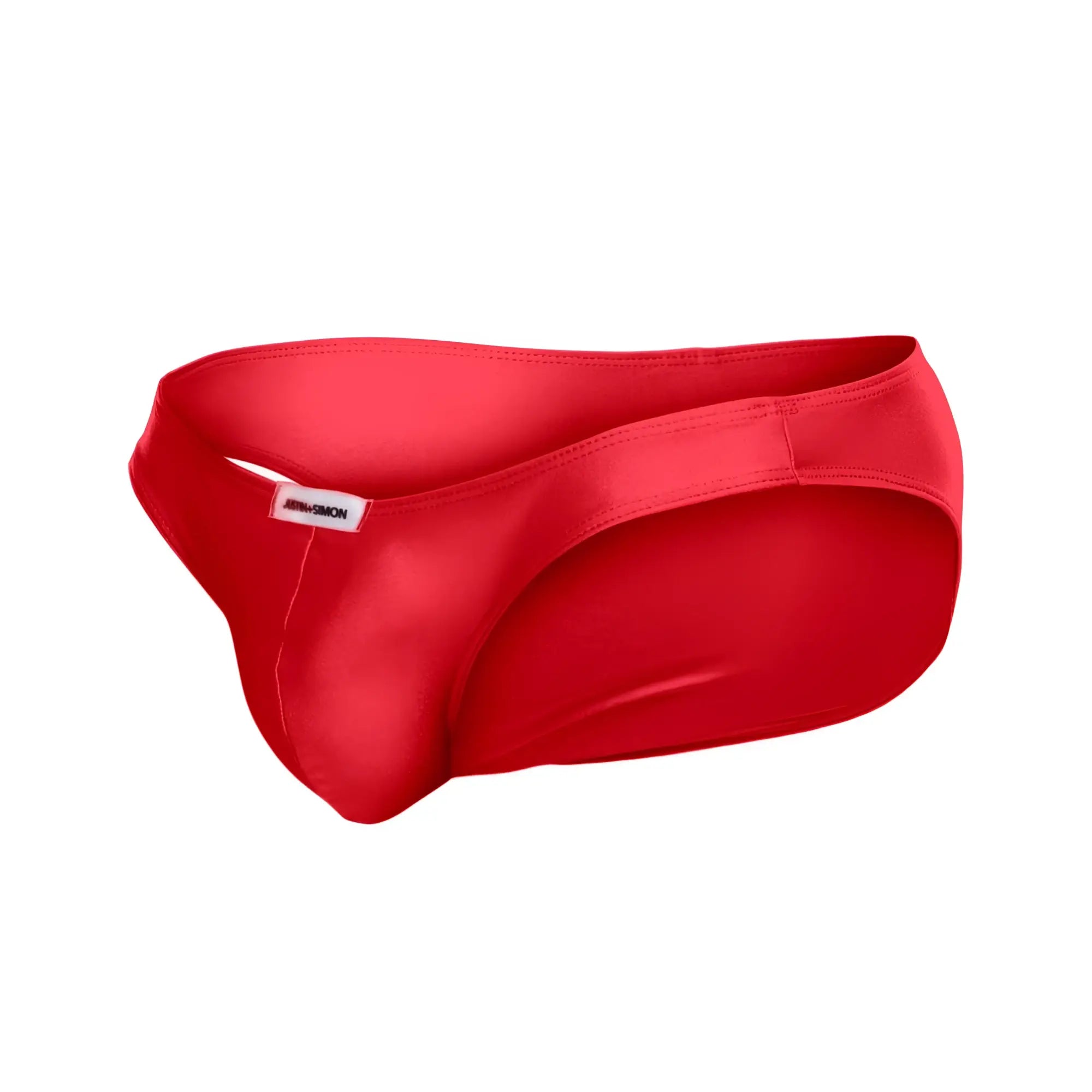 Vibrant red satin briefs justin simon xsj01 classic bikini with sleek form-fitting design and subtle brand tag on waistband