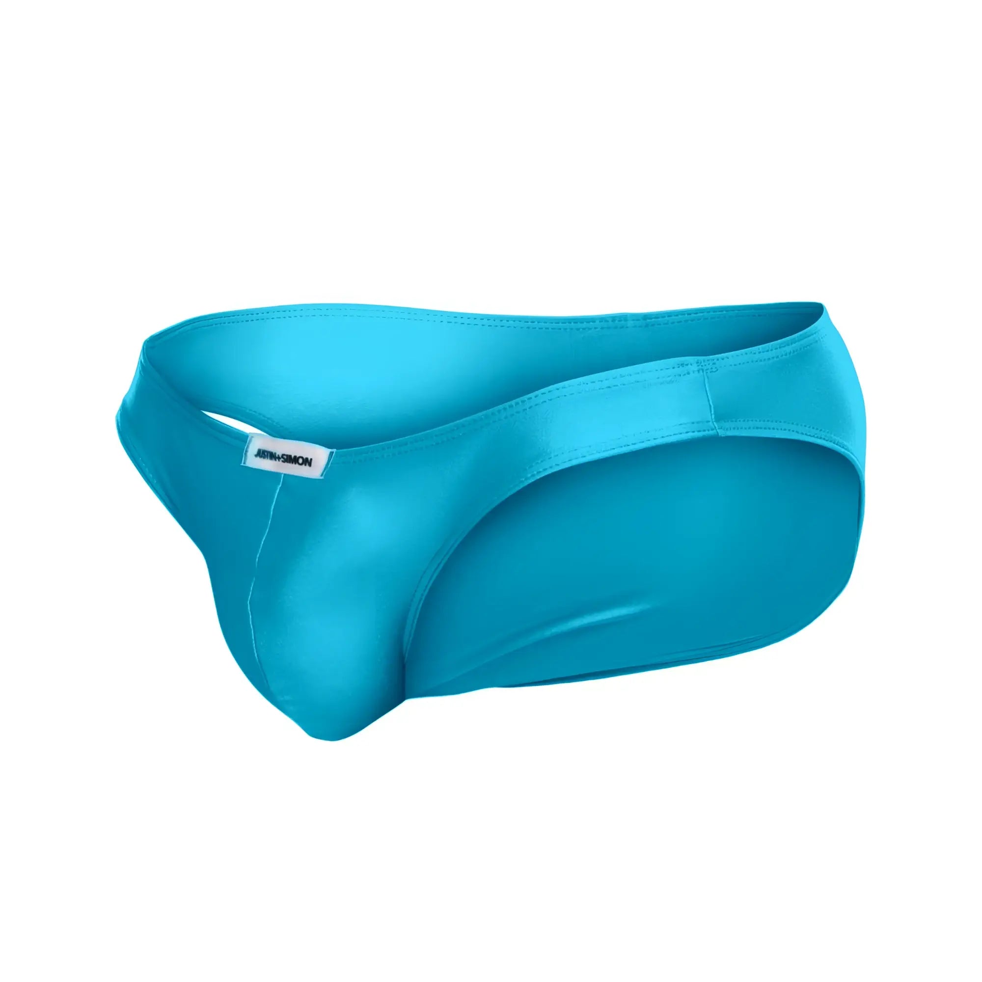 A sleek bright turquoise men’s brief with a smooth satin finish from justin simon xsj01 classic bikini collection