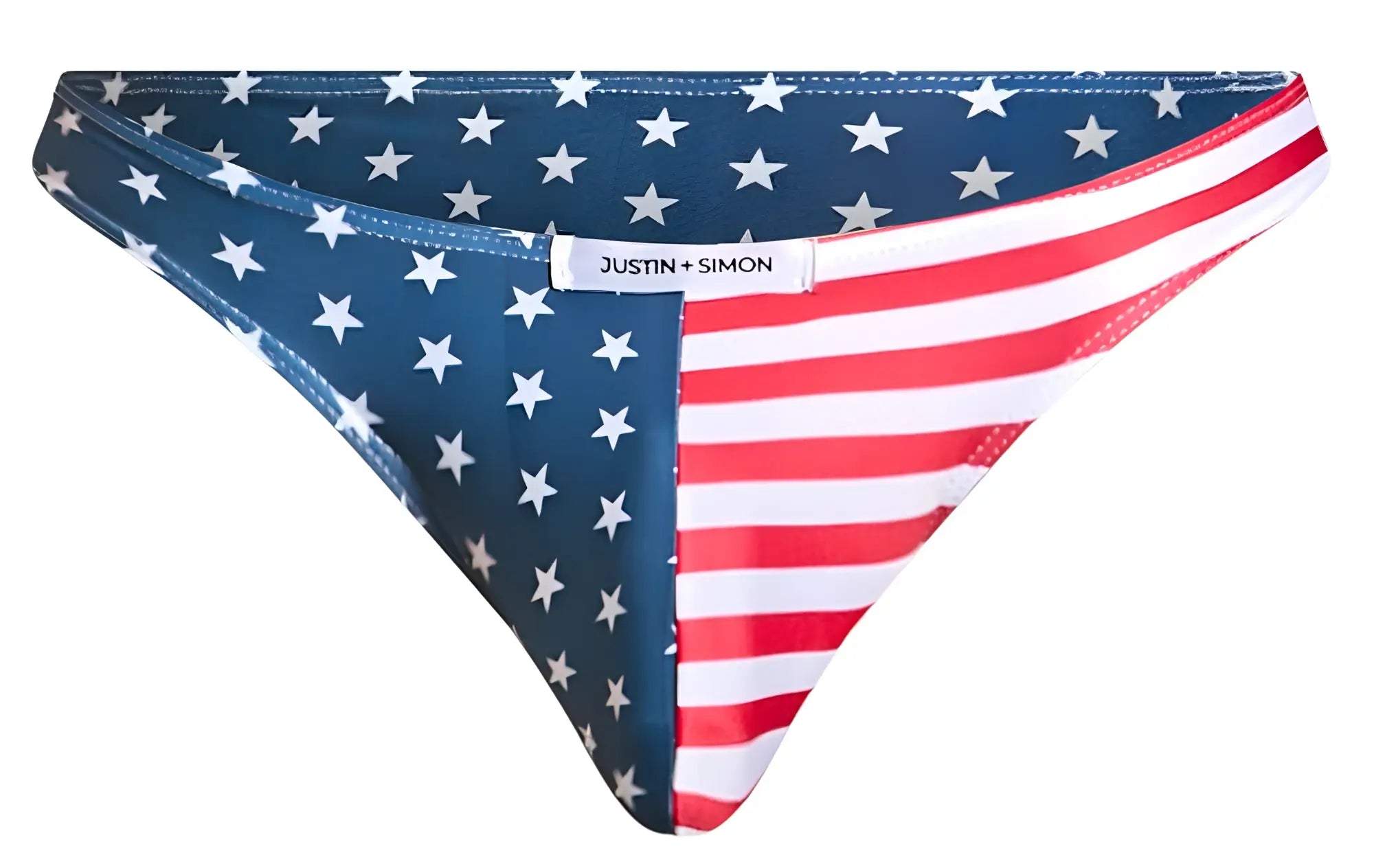 Blue and red american flag-patterned thong by Justin plus Simon classic bikini color USA flag front view