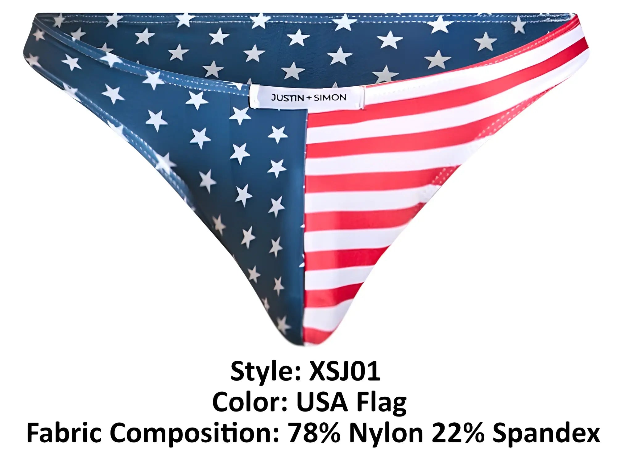 Justin plus simon classic bikini usa flag bottom with navy blue stars and red white stripes made of nylon spandex