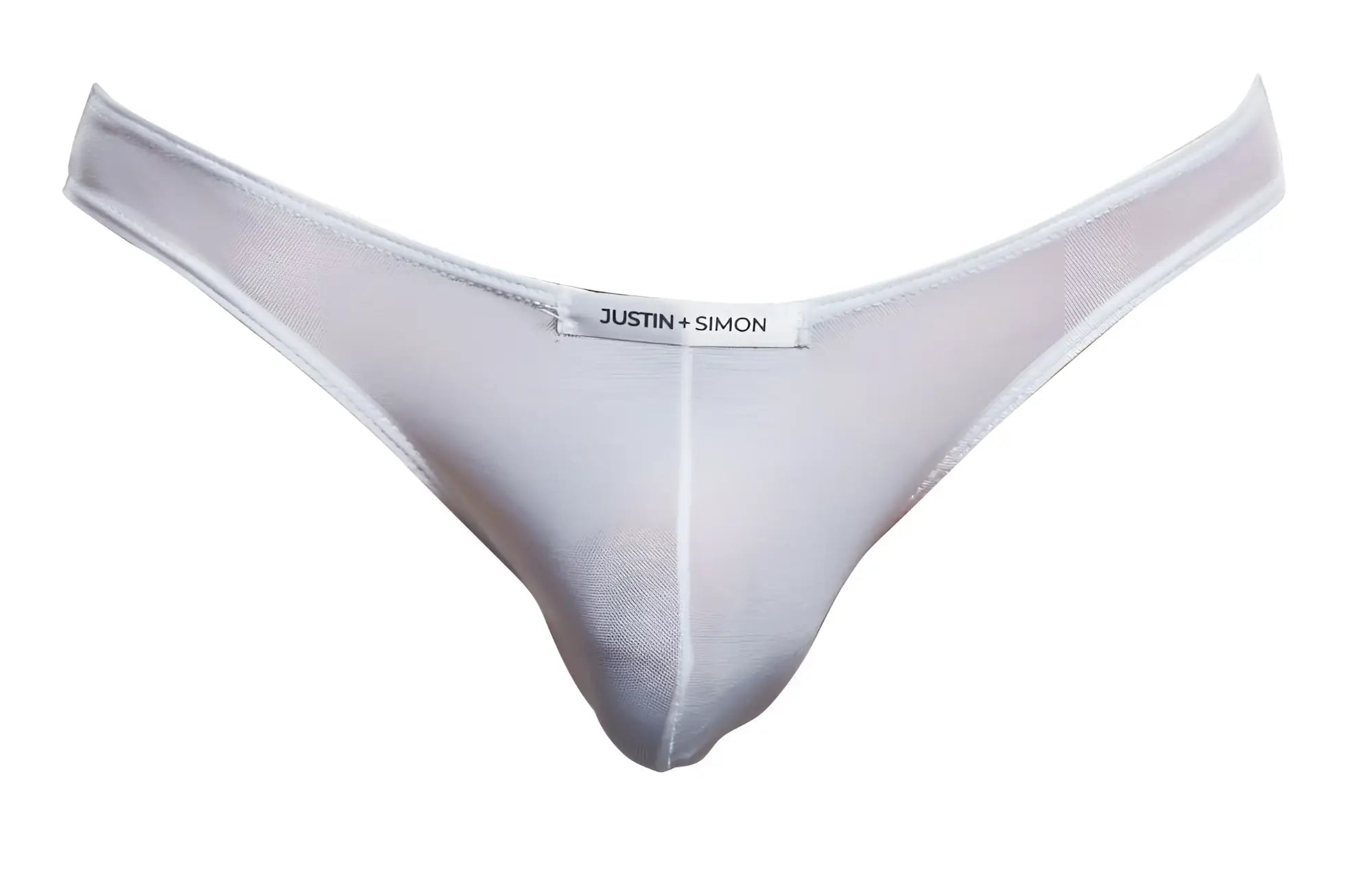 White sheer mesh thong by justin simon in classic bikini style with breathable white mesh fabric design