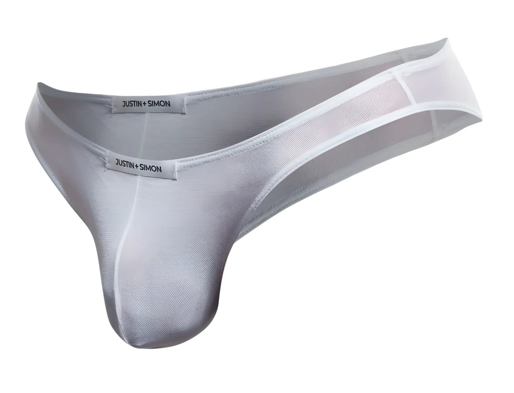 Silver mesh thong by Justin Simon in classic bikini style with white mesh material and silver mesh detailing