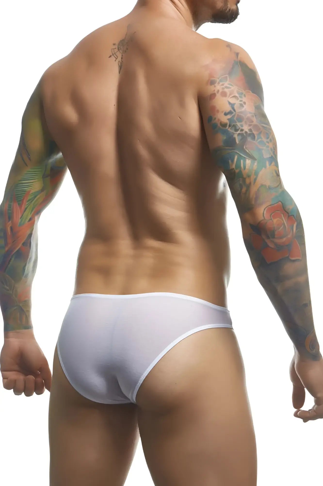 White briefs classic bikini in smooth white mesh with form-fitting design by justin simon xsj01
