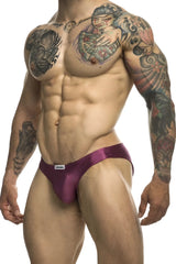 Purple satin briefs with a small white brand tag at the waistband from JUSTIN+SIMON XSJ01 classic bikini wine color