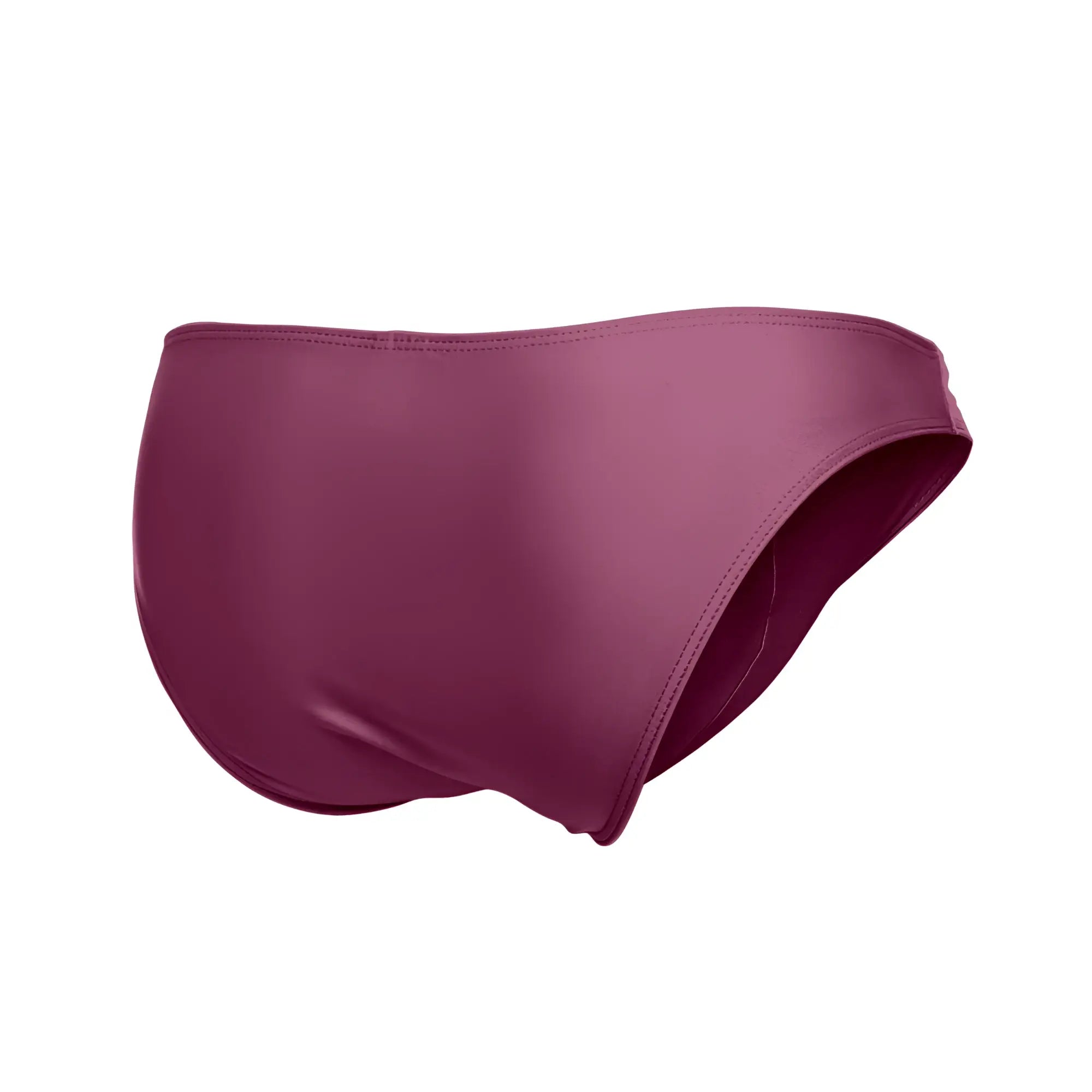 Justin Simon xsj01 classic bikini swim brief in wine color with a sleek satin finish and clean stitching edges