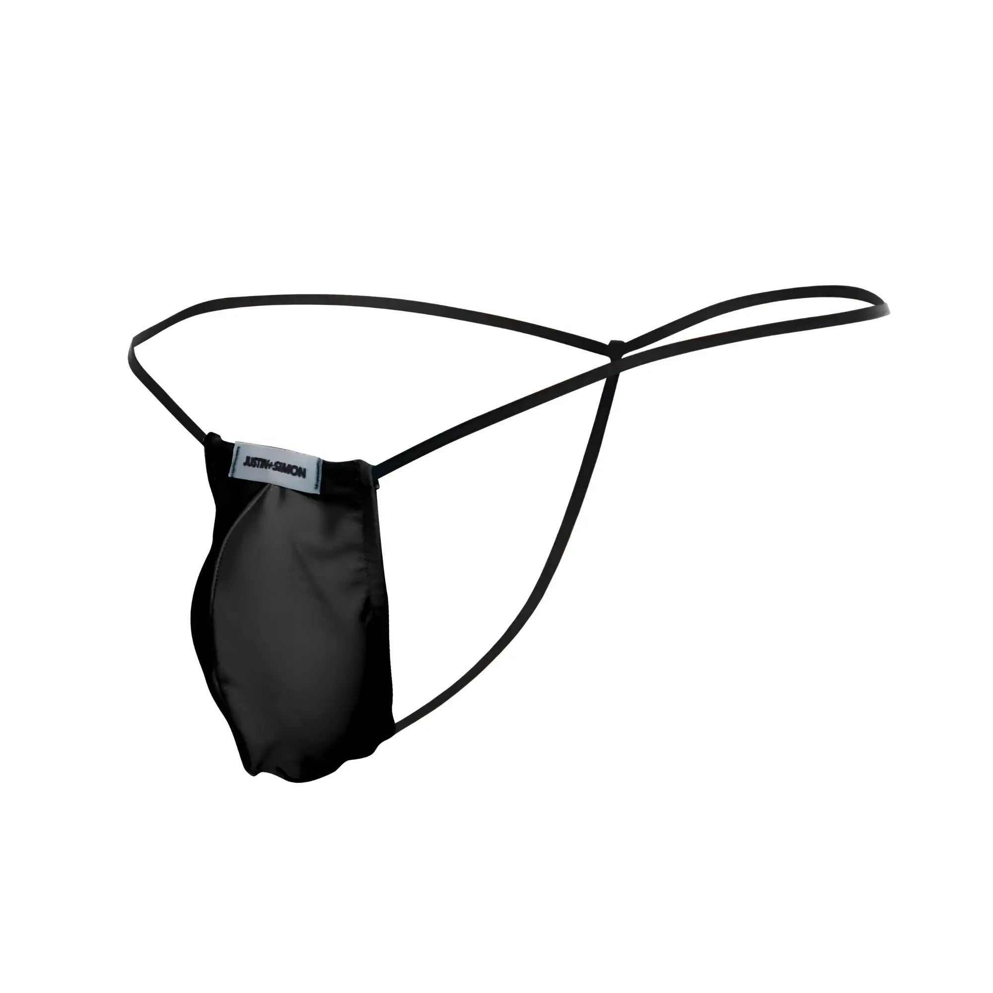 Black satin thong g-string with thin elastic straps and justin simon branded label in classic bulge style