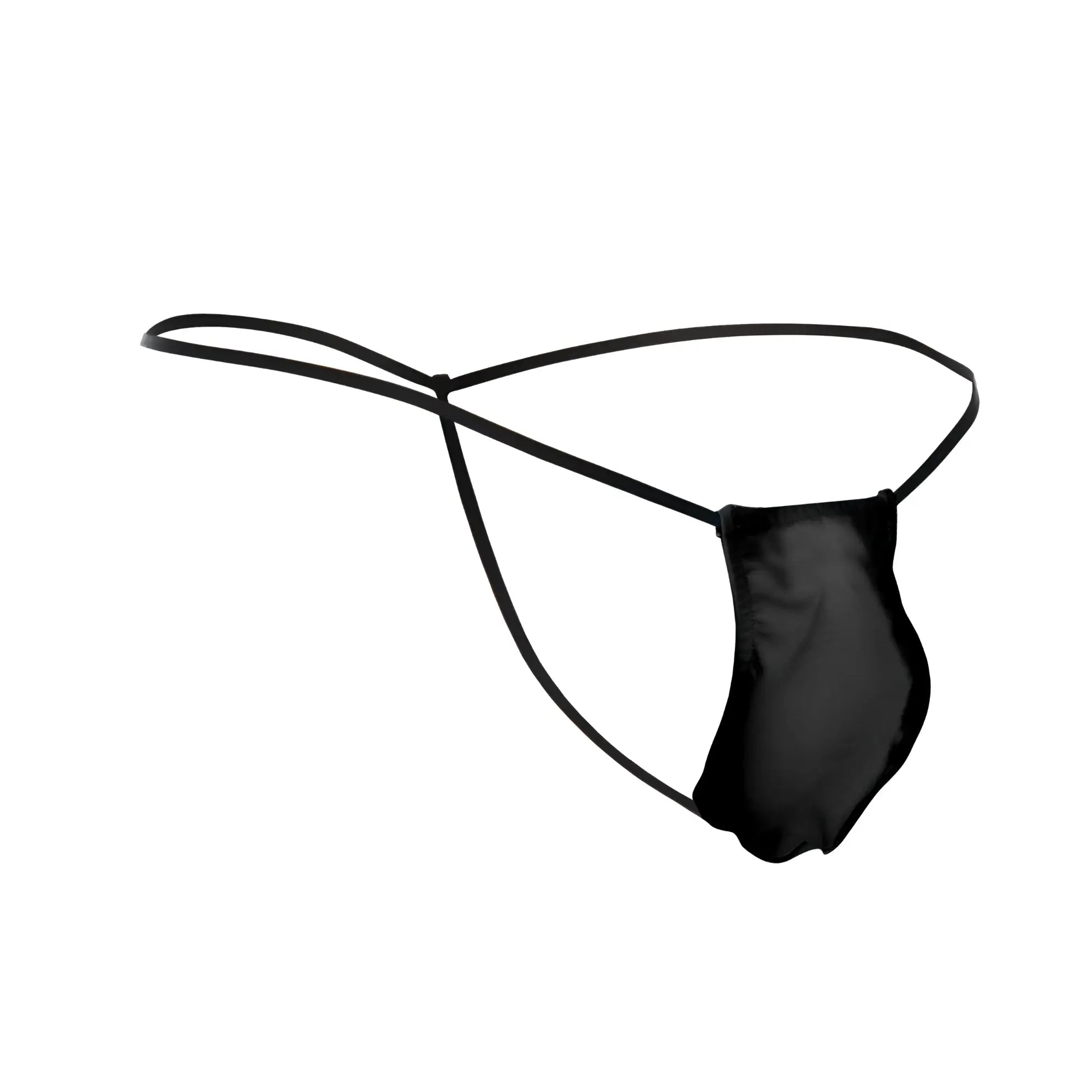 Black satin classic g-string bulge with thin sleek straps by JUSTIN SIMON in color black front side view