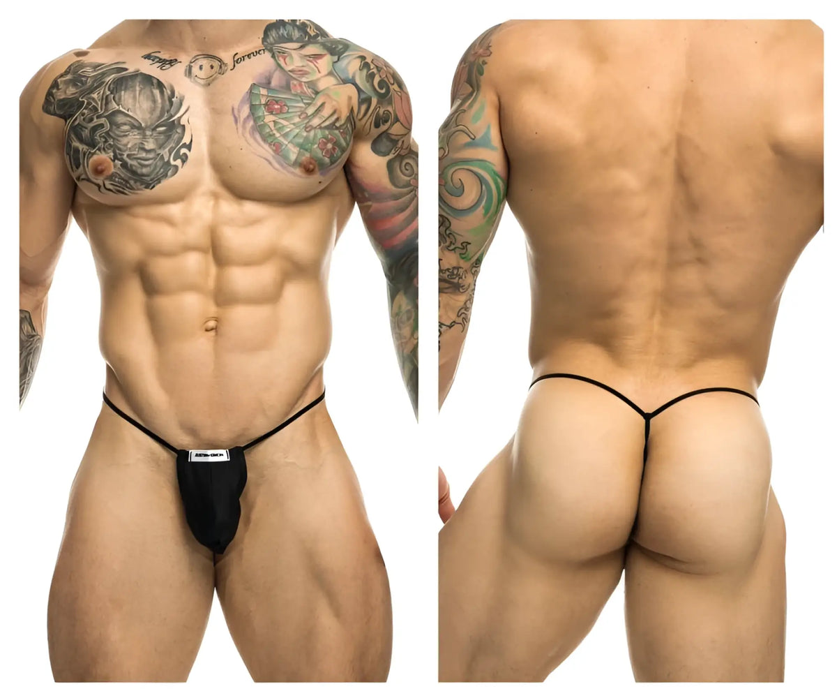 Black classic g-string bulge with thin elastic straps and small white label front by justin simon xsj02