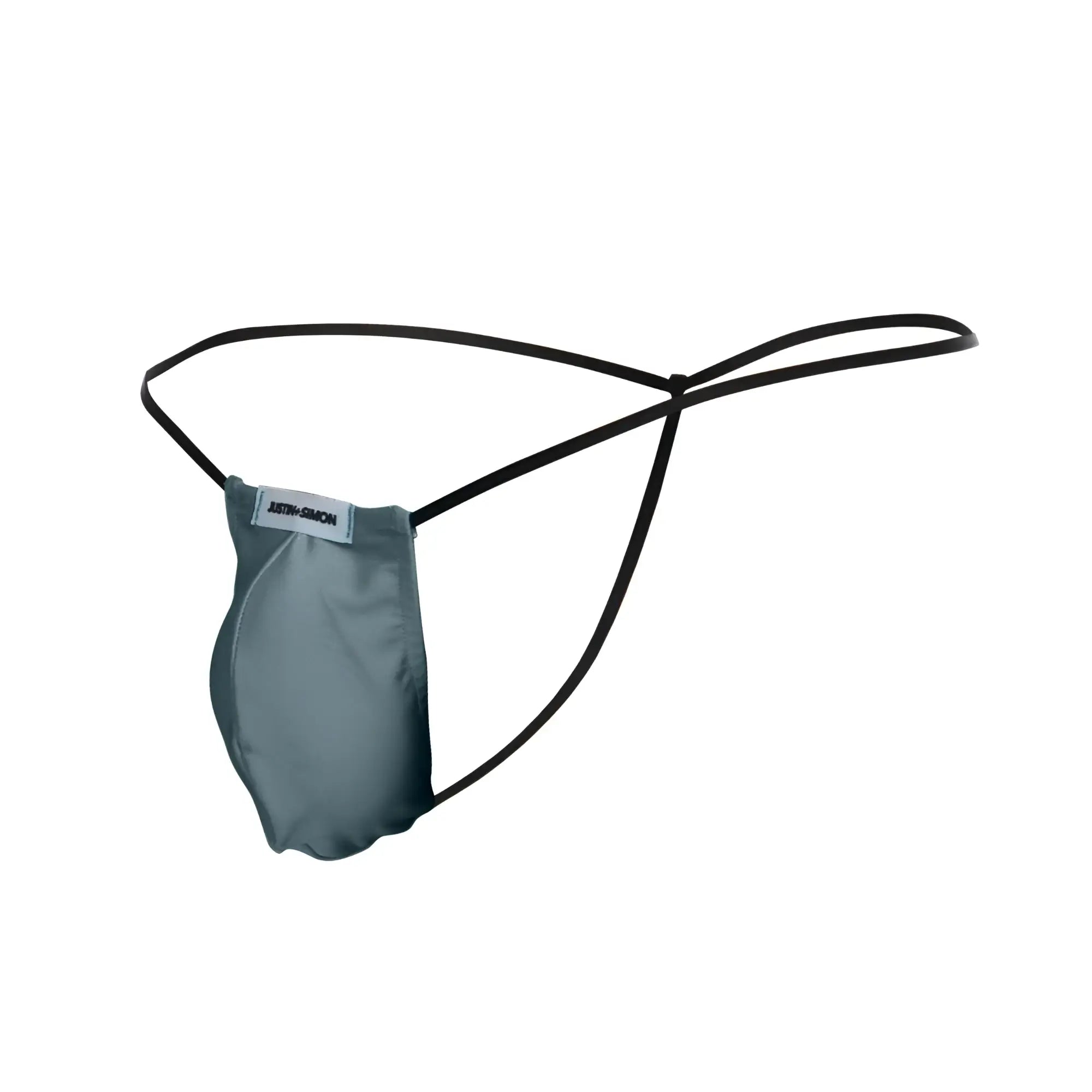 A sleek dark gray fabric thong with black elastic straps and metal green bulge detail from JUSTIN SIMON XSJ02
