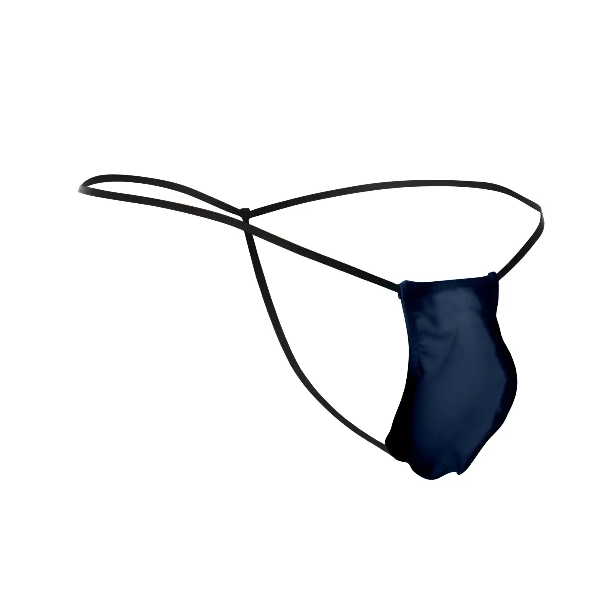 Justin simon xsj02 classic g-string bulge navy in smooth satin-like fabric with thin elastic straps back side view