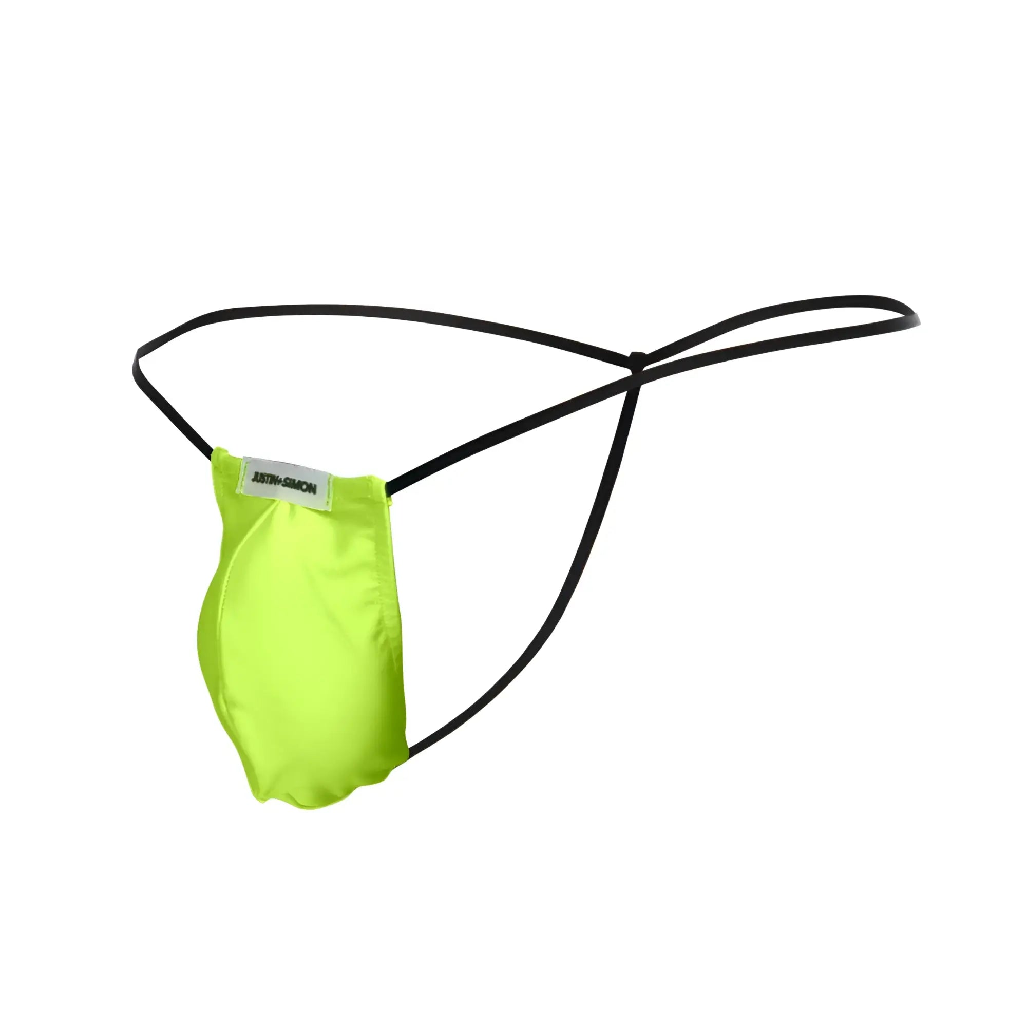 Bright neon green satin thong with black elastic straps and small white label from JUSTIN+SIMON XSJ02 classic g-string