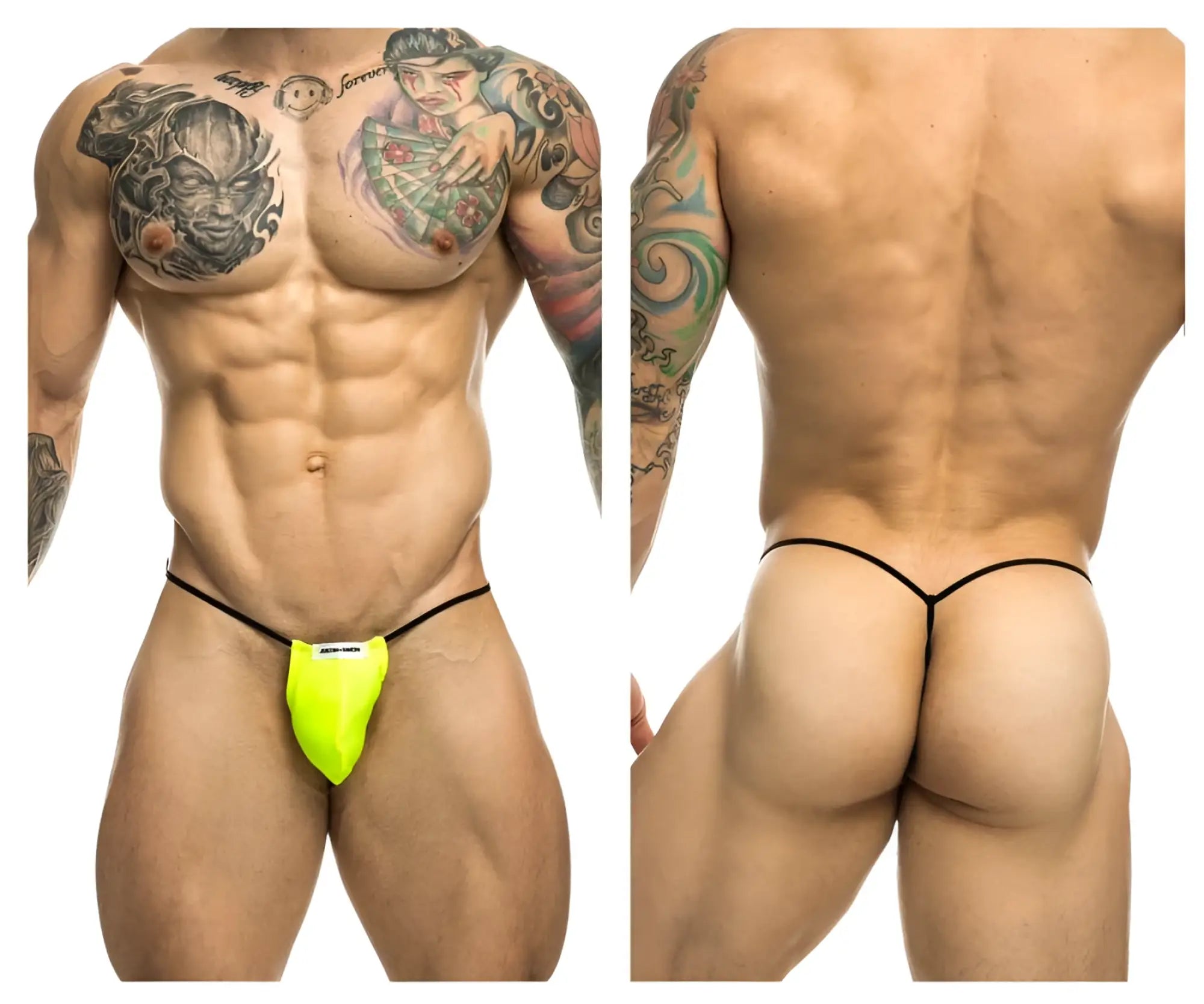 Neon yellow classic g-string with black elastic straps and white brand tag by justin simon xsj02 model