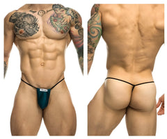 Teal-colored JUSTIN+SIMON XSJ02 classic G-string with black elastic waistband and white label at front in opal green color