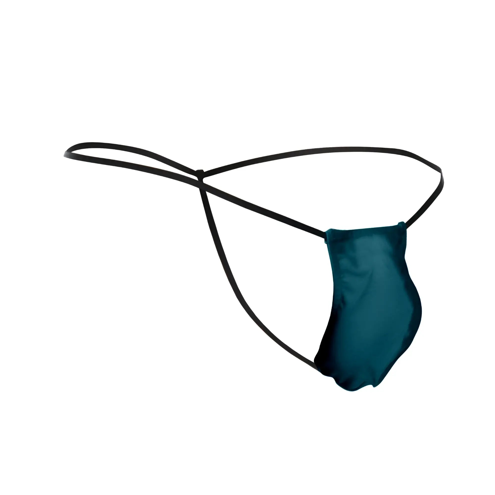 Teal satin thong with black elastic straps from JUSTIN SIMON XSJ02 classic G-string bulge opal green collection