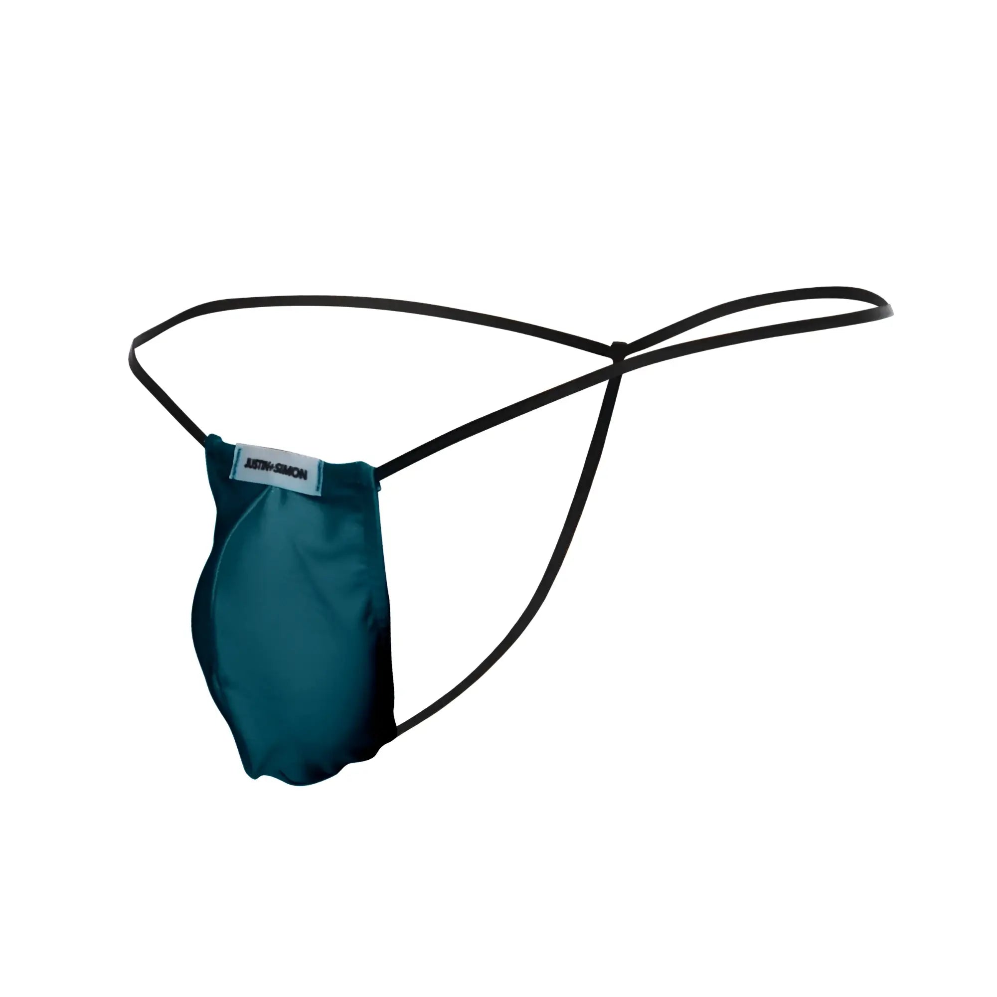 Teal satin thong with black elastic straps and Justin Simon branded label in opal green classic g-string design