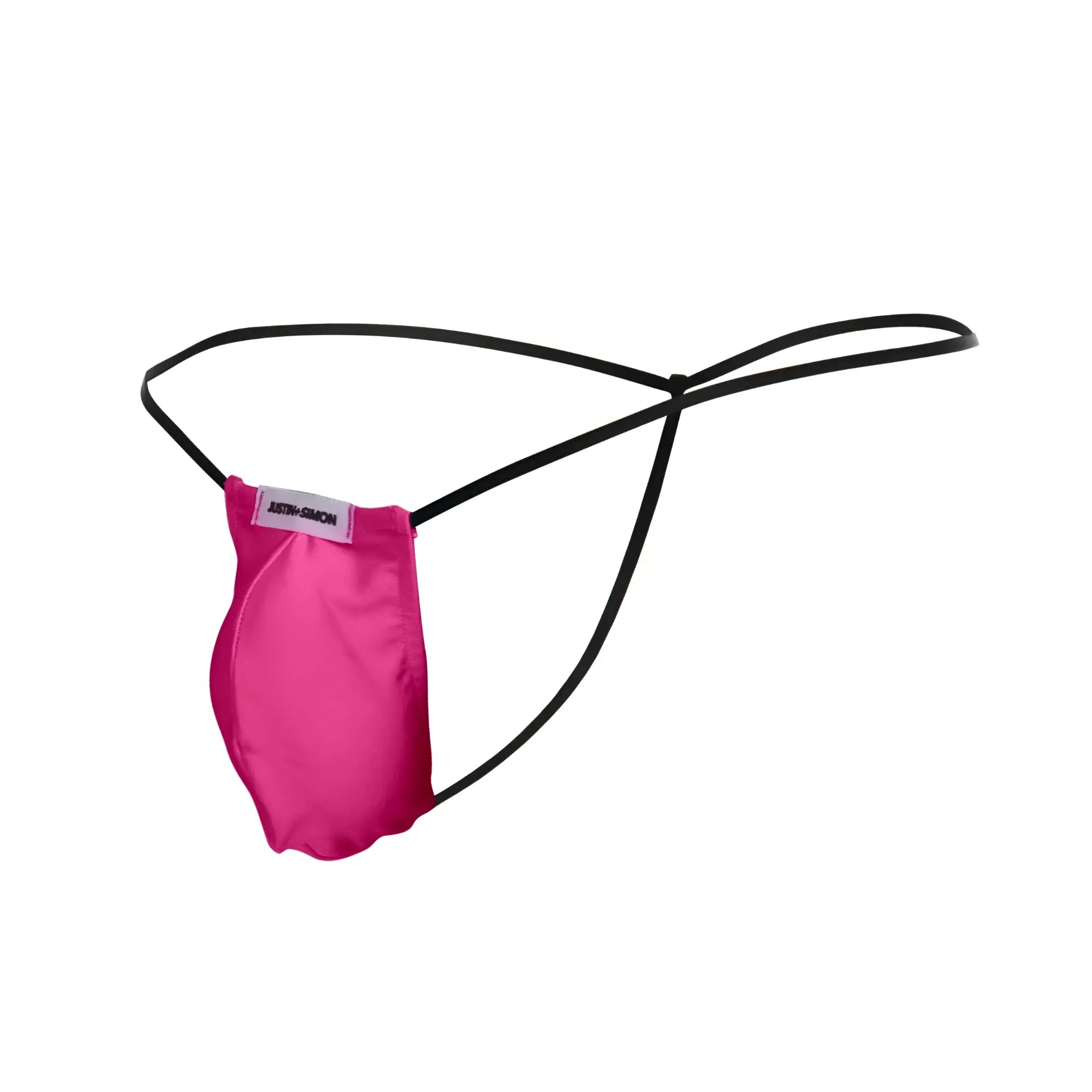 A vibrant pink satin thong with black elastic straps and a white anthony simon label from justin simon xsj02 line