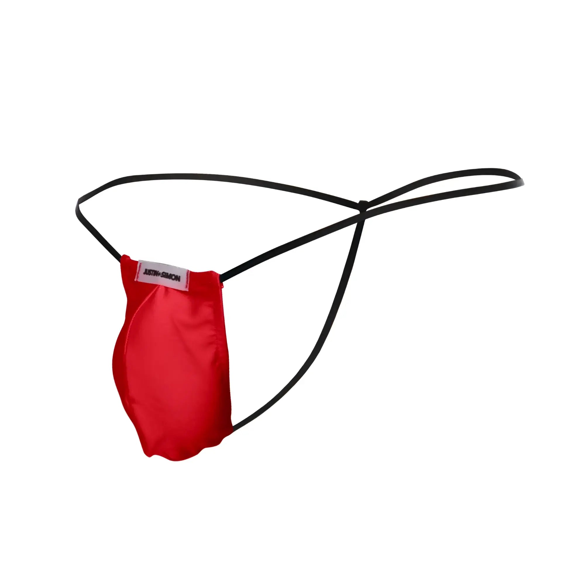 Red satin classic g-string bulge with black elastic straps and small white label by JUSTIN SIMON in color red