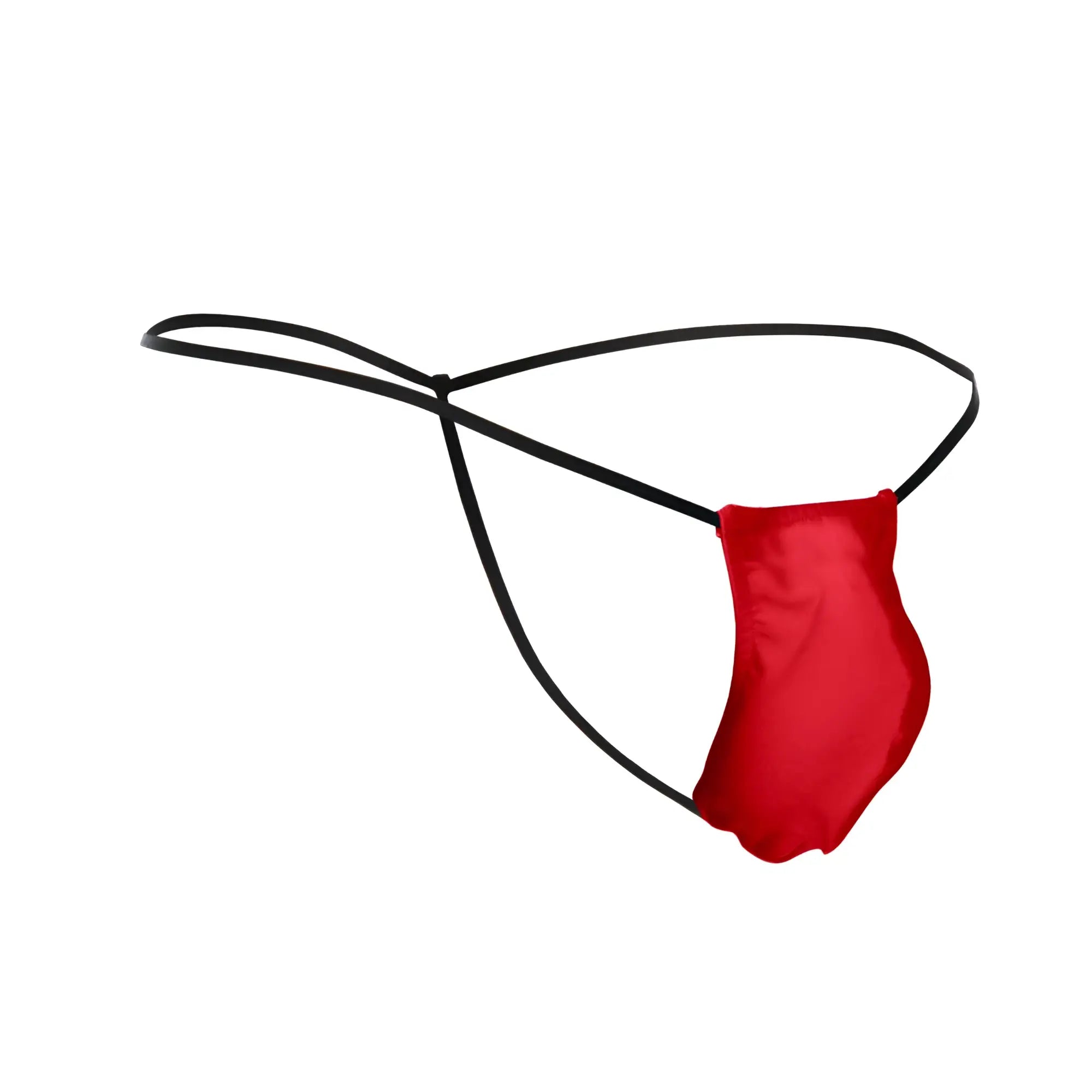 Red satin thong with black elastic straps classic g-string bulge by justin simon in red color