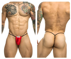 Red thong classic g-string bulge with black elastic straps by justin simon in color red shown from the back side