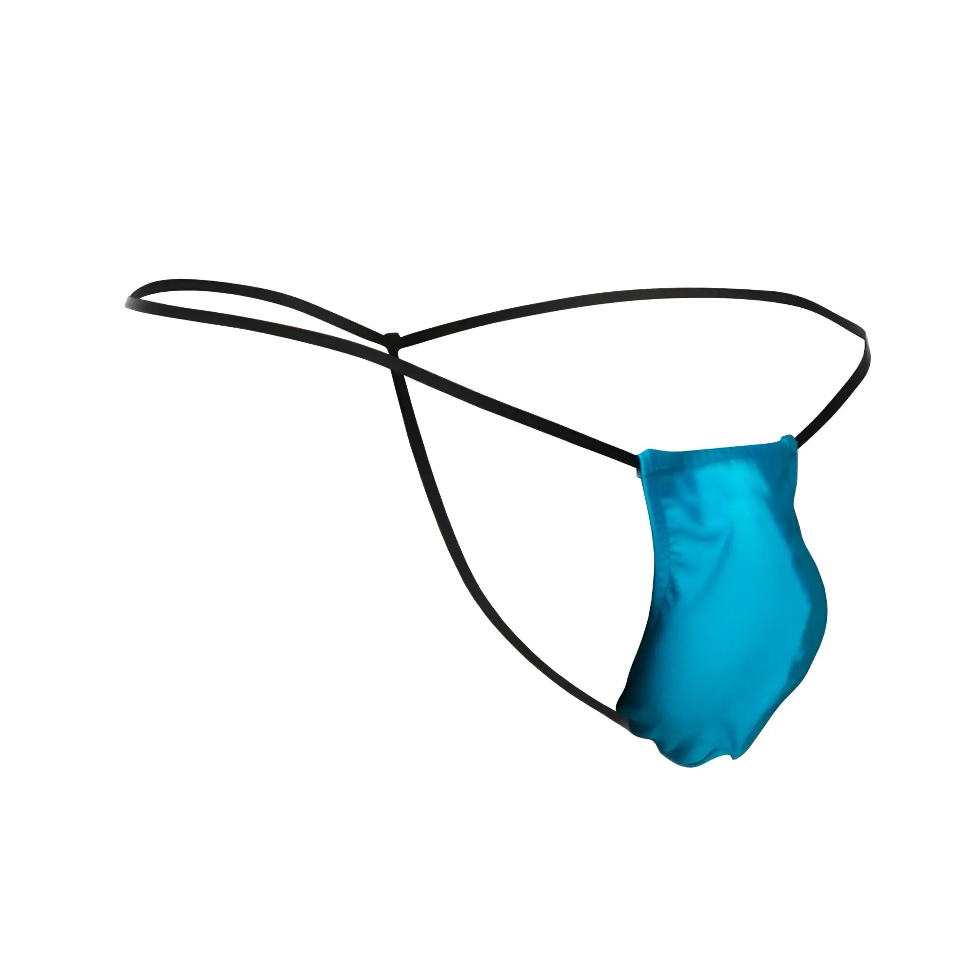 Justin simon classic g-string xsj02 in vibrant turquoise satin with sleek black elastic straps showing front view