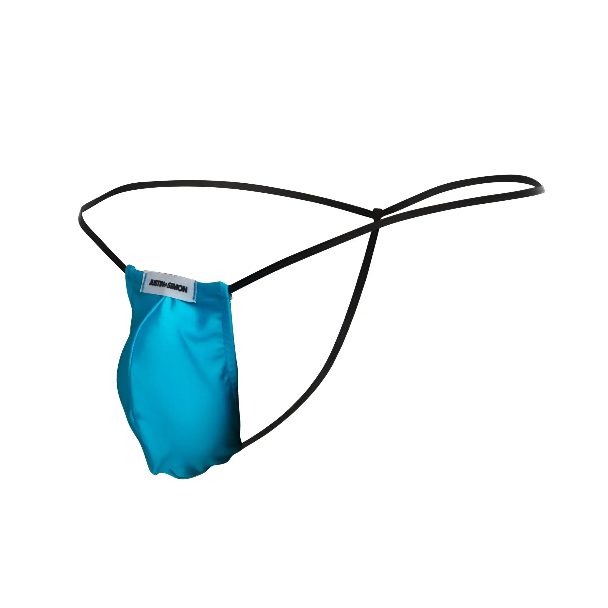 A vibrant turquoise satin thong with black elastic straps and a branded label from justin simon xsj02 classic g-string bulge collection