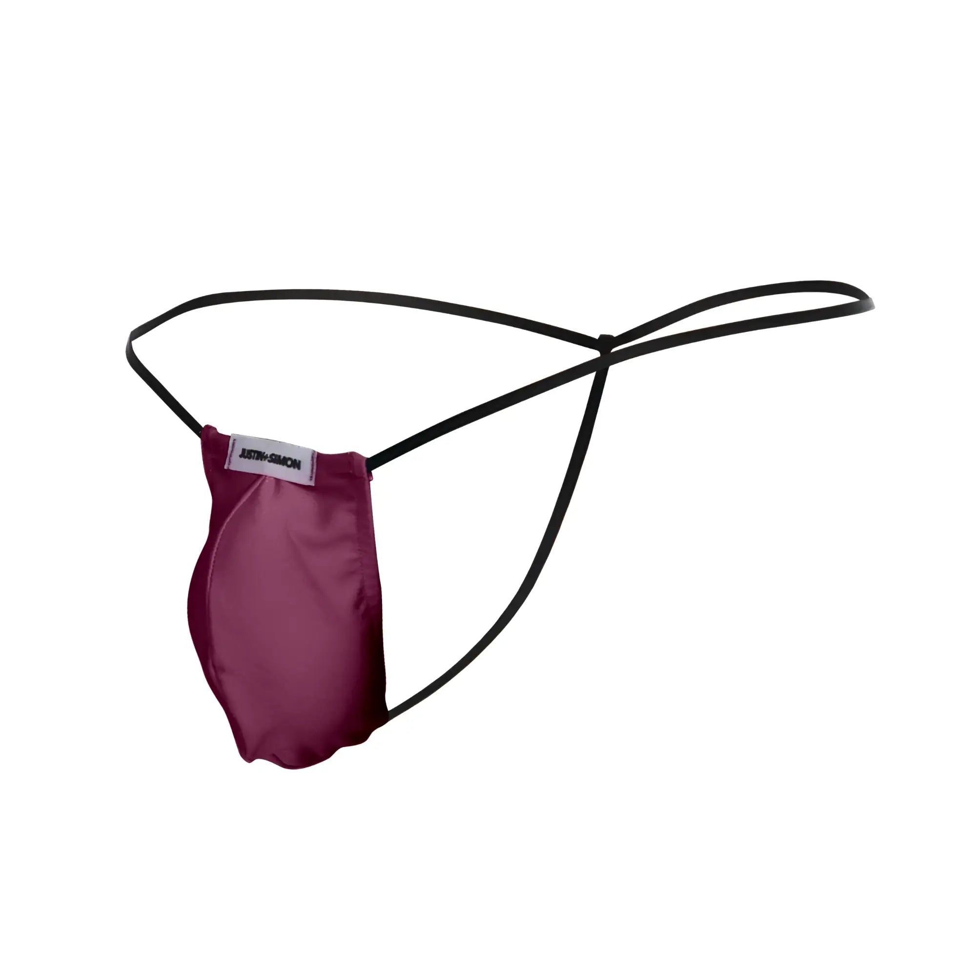 Maroon satin thong with black elastic straps and branded label from justin simon xsj02 classic g string bulge color wine