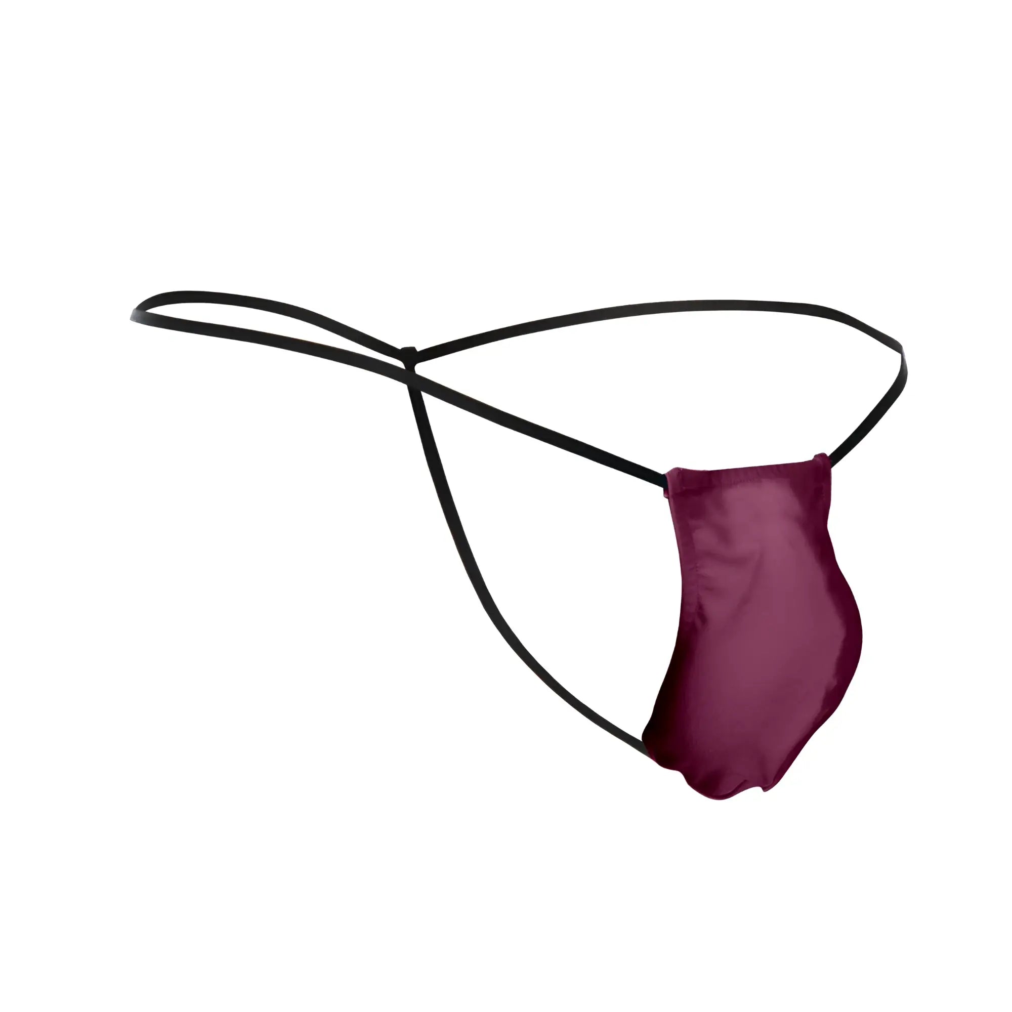 A sleek deep burgundy satin thong with thin black elastic straps from justin simon xsj02 classic g string bulge color wine