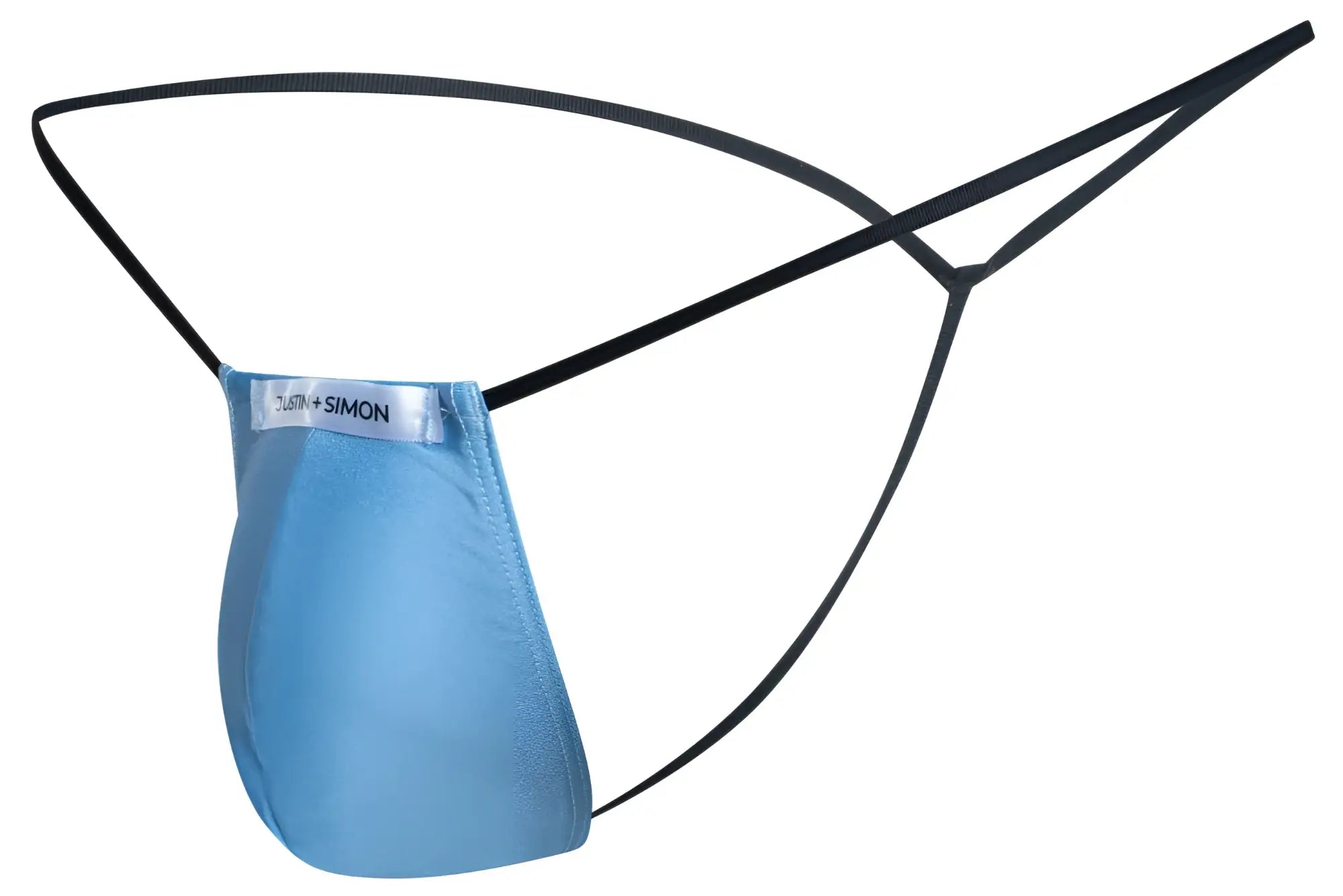 Light blue satin-like fabric thong with black elastic straps and silver tush plus simon label classic g-string
