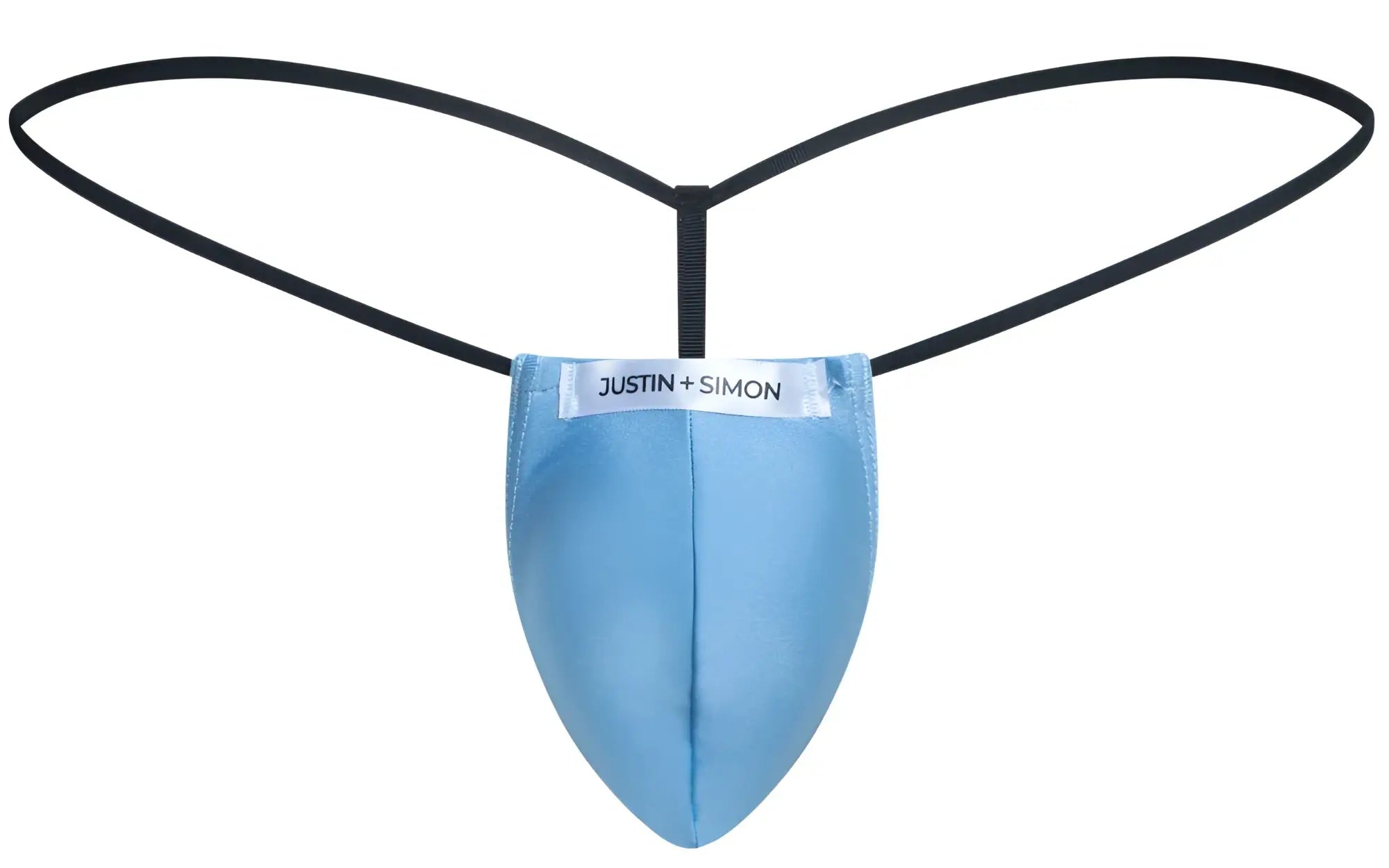 Light blue classic g-string thong by justin simon with sleek form-fitting design and black elastic straps front view