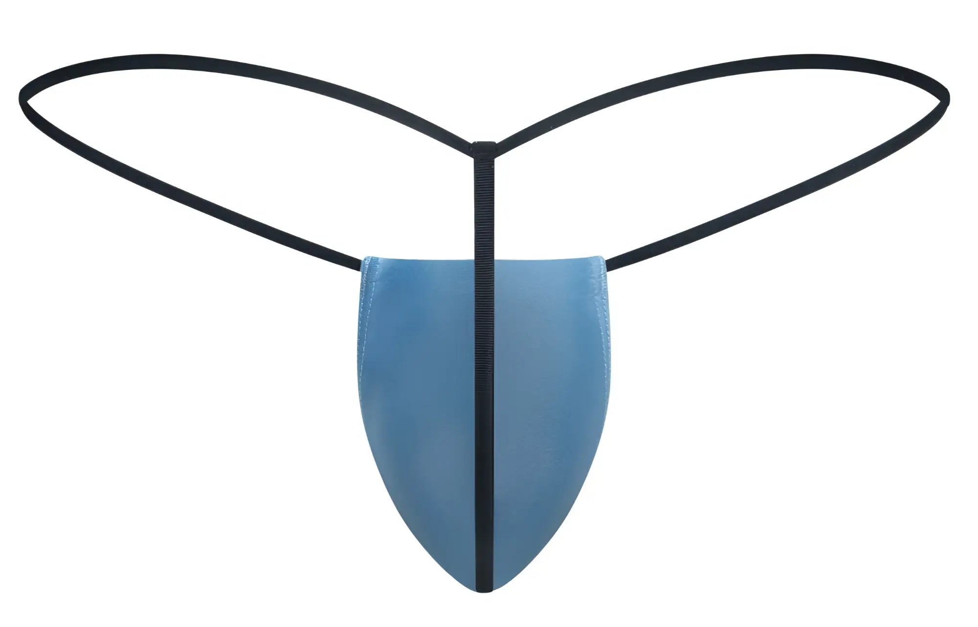 Blue thong with black elastic bands and central seam from justin simon xsj02 classic g-string in baby blue
