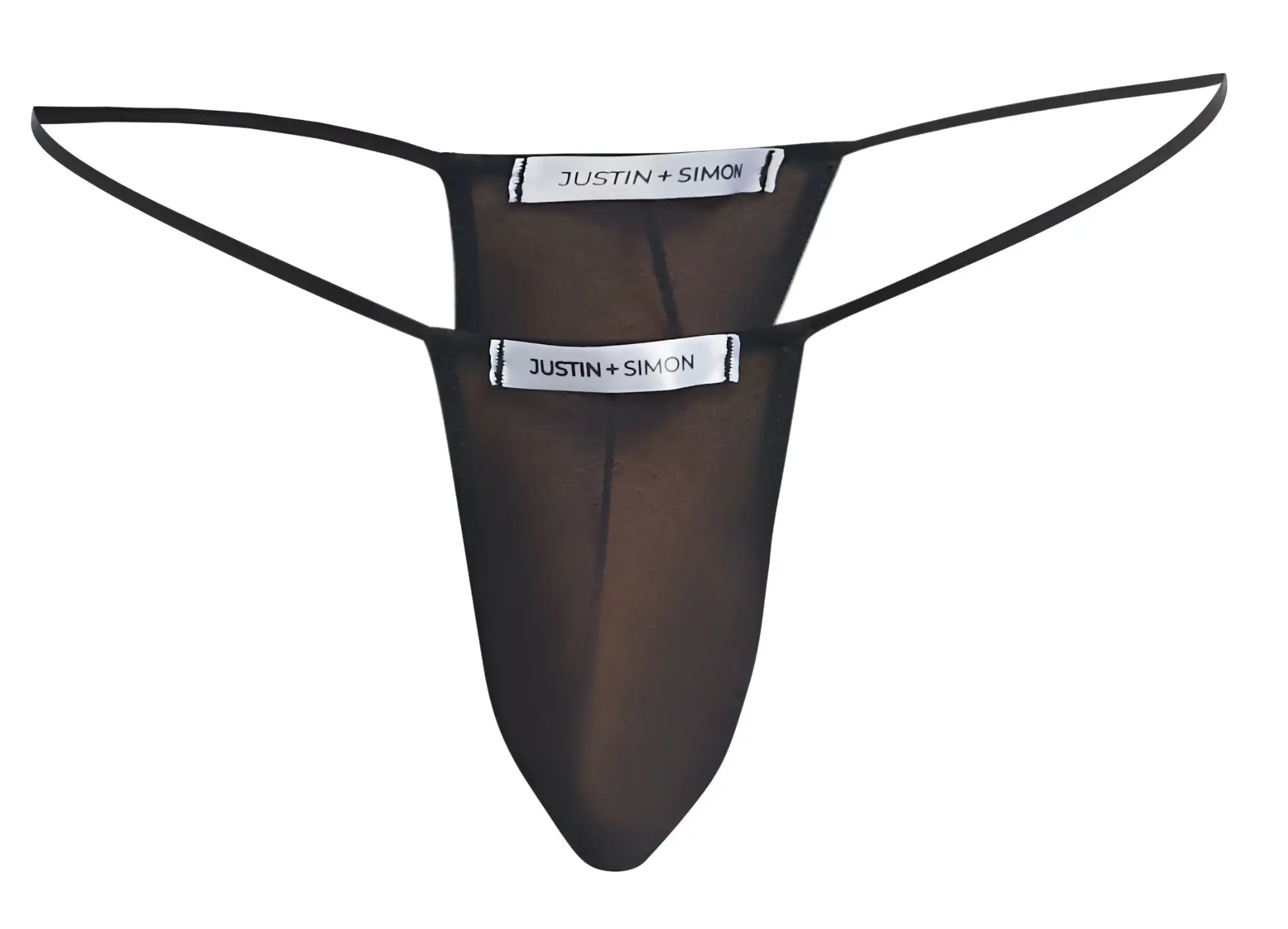 Black sheer mesh thong with thin elastic straps and justin + simon branding on white tags front side view